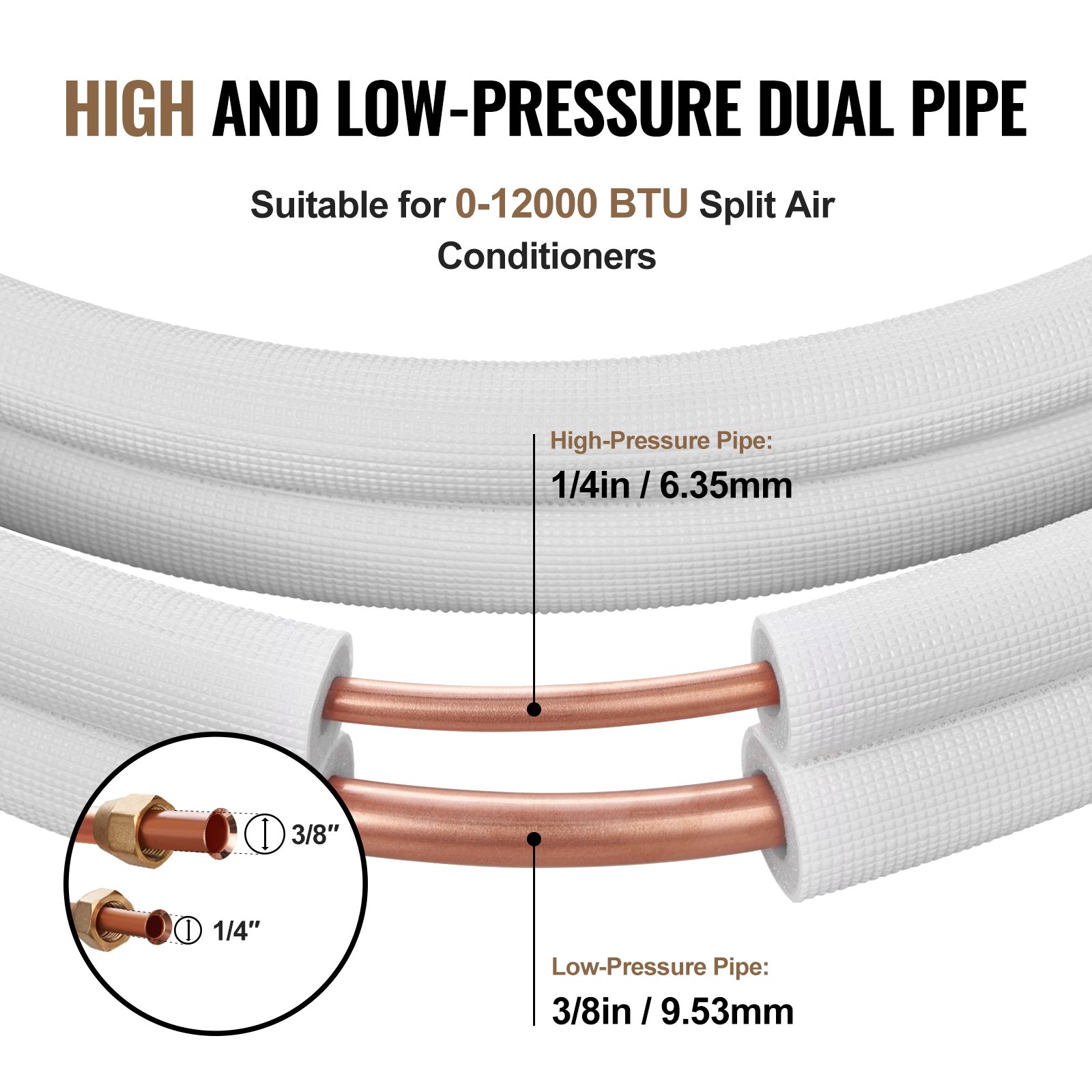 Juego de tuberías VEVOR de 25 pies para mini split, tubos de cobre de 1/4" y 3/8" de diámetro exterior y aislamiento de triple capa, para refrigerante de aire acondicionado mini split o equipos de bomba de calefacción y HVAC con tiras de envoltura.