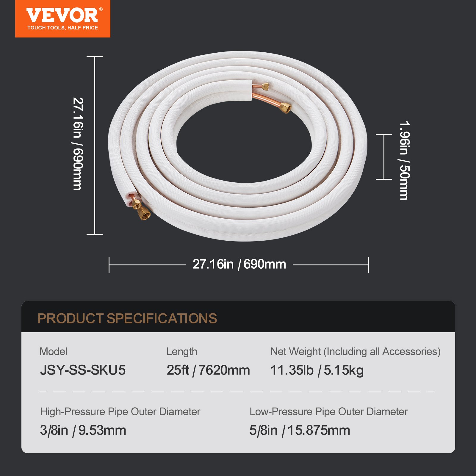 Juego de tuberías VEVOR de 25 pies para mini split, tubos de cobre de 3/8" y 5/8" de diámetro exterior y aislamiento de triple capa, para refrigerante de aire acondicionado mini split o equipos de bomba de calefacción y HVAC con tiras de envoltura.