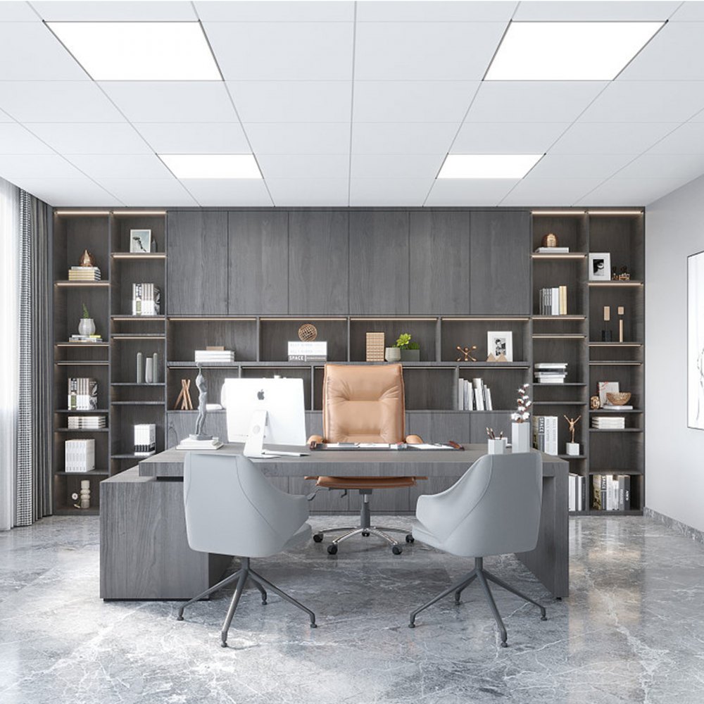 Espacio de oficina moderno con luz LED de panel plano VEVOR, piso de mármol y estantes grises detrás del escritorio ejecutivo.