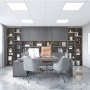 Espacio de oficina moderno con luz LED de panel plano VEVOR, piso de mármol y estantes grises detrás del escritorio ejecutivo.