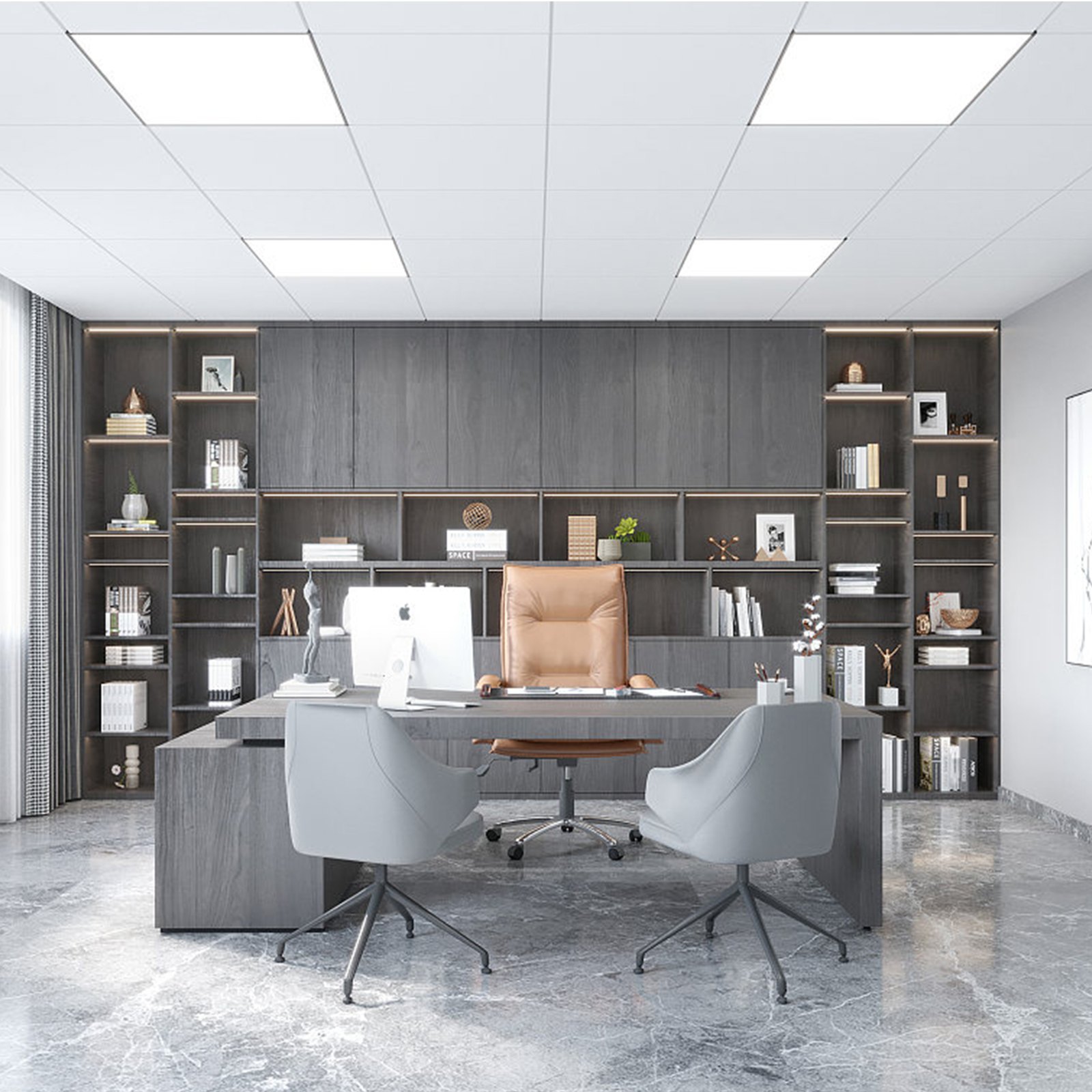 Espacio de oficina moderno con luz LED de panel plano VEVOR, piso de mármol y estantes grises detrás del escritorio ejecutivo.