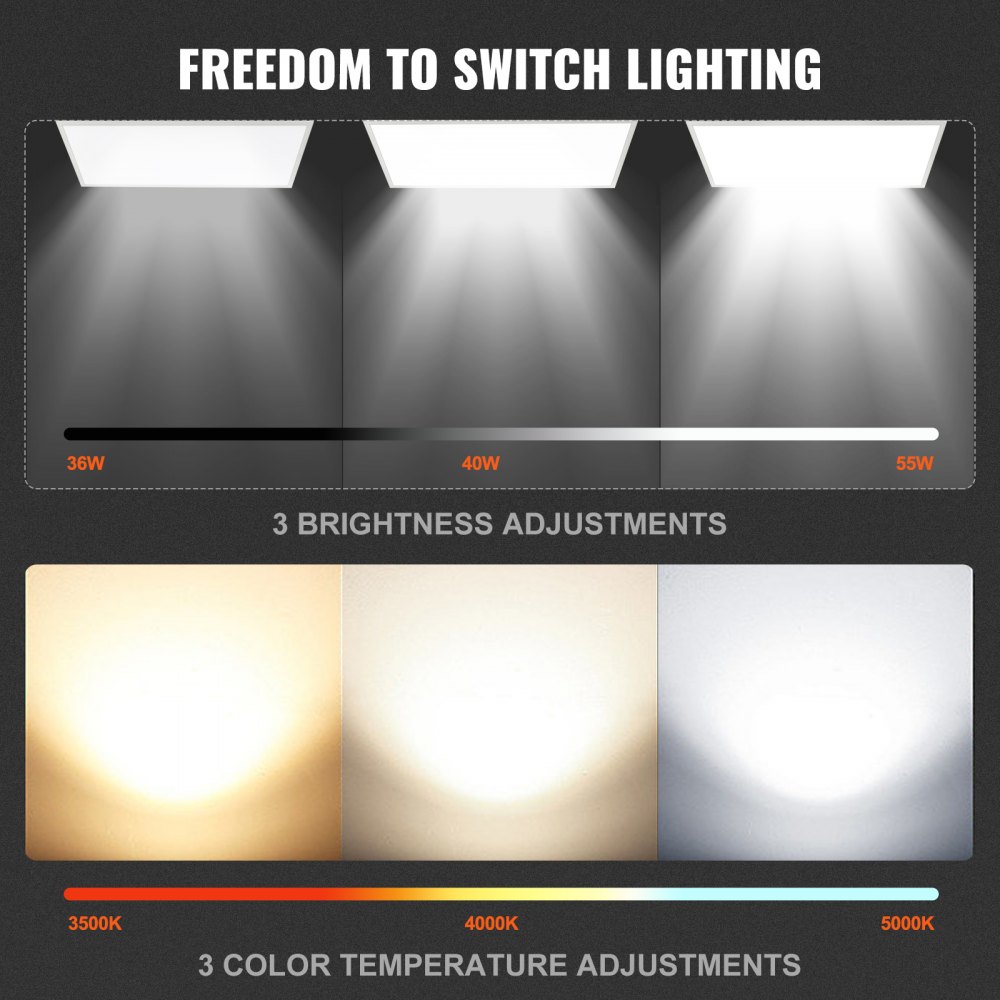 VEVOR Paquete de 2 luces LED de panel plano de 1 x 4 pies, 6600 lm 55 W, lámpara de techo LED de montaje en superficie con temperatura de color ajustable 3500 K/4000 K/5000 K para el hogar, oficina, aula, probado según los estándares