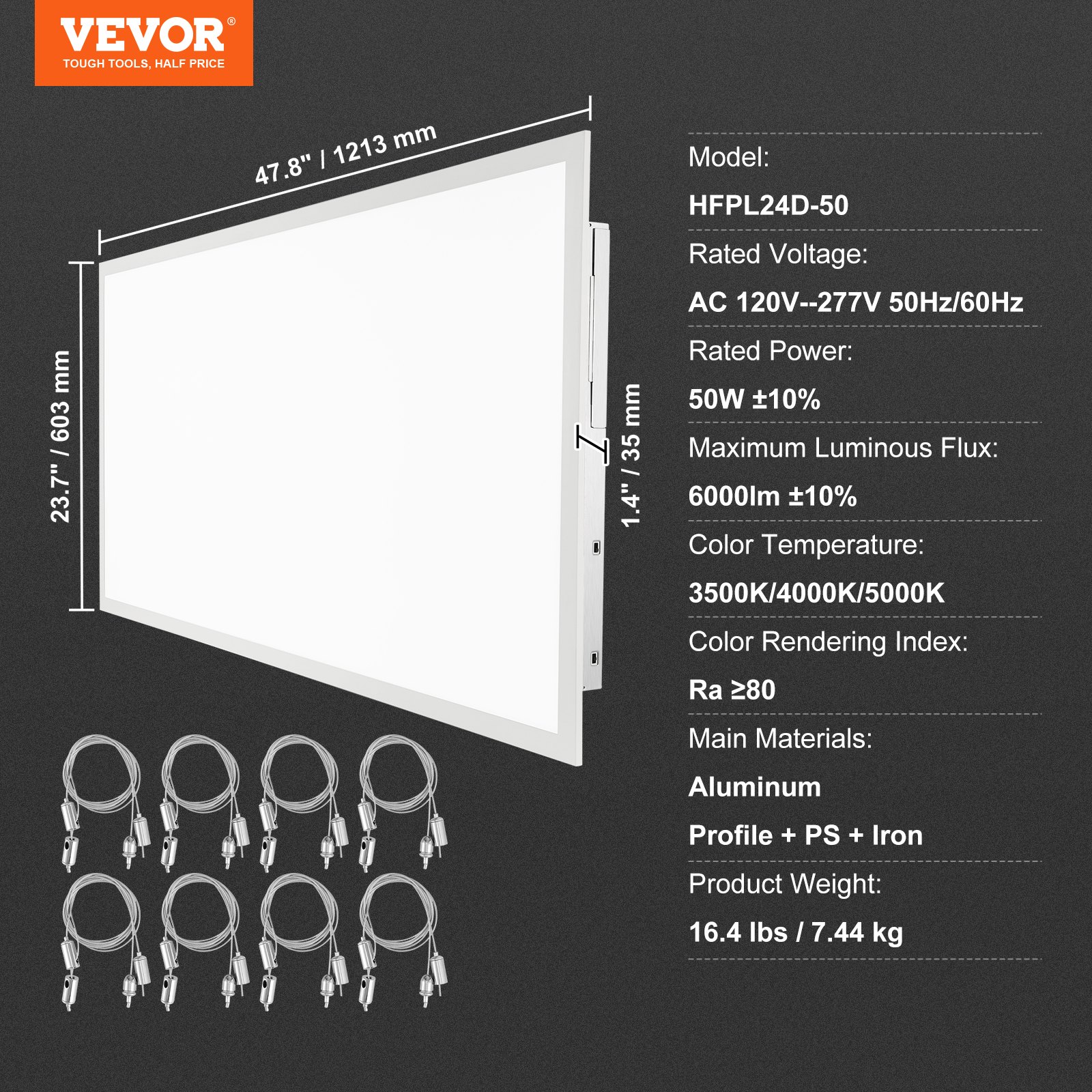 Especificaciones de la luz de panel plano LED VEVOR con dimensiones, voltaje, potencia, flujo luminoso y cableado mostrados.