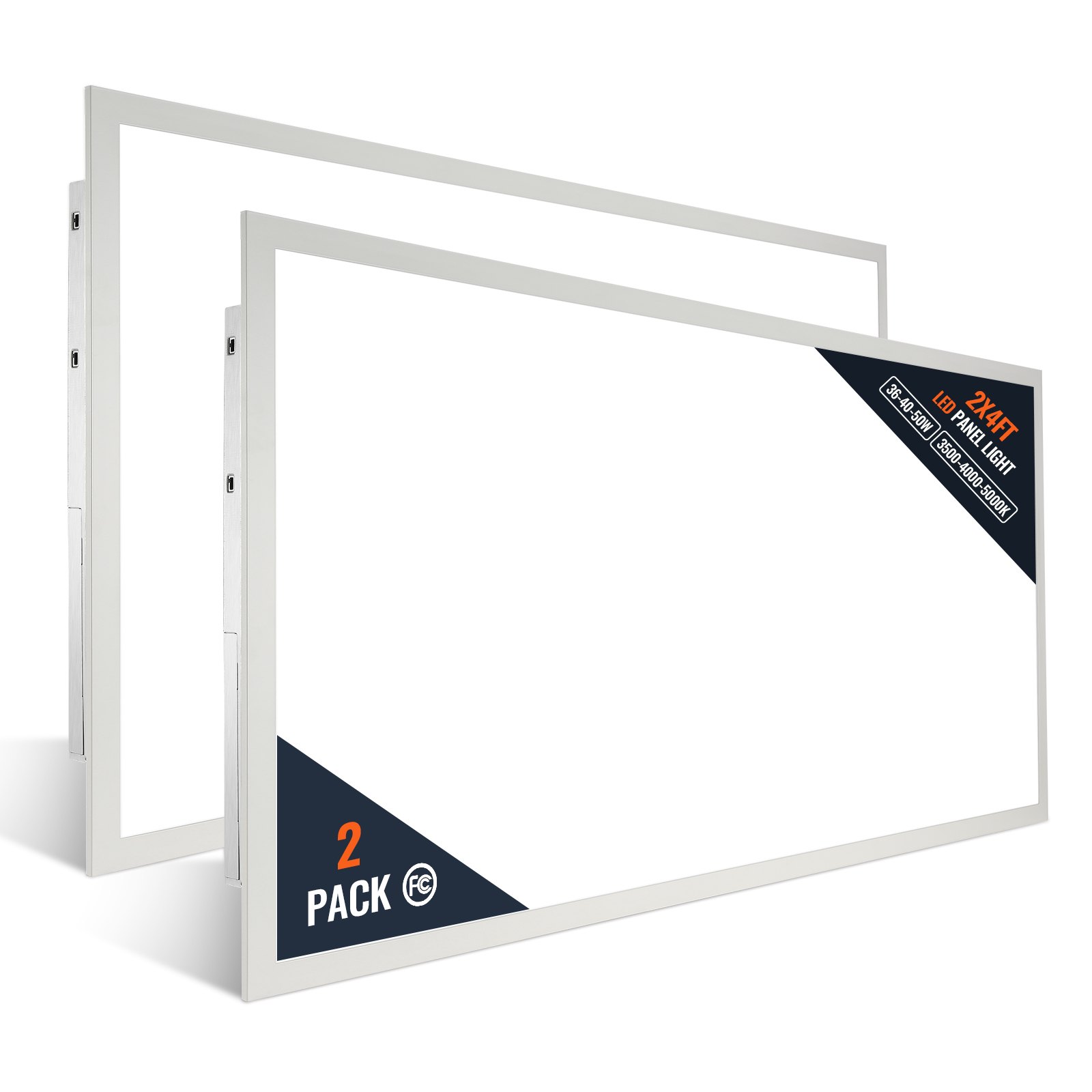 Paquete de 2 luces LED de panel plano VEVOR, 2 x 4 pies, marco blanco con etiquetas en las esquinas, iluminación de bajo consumo.