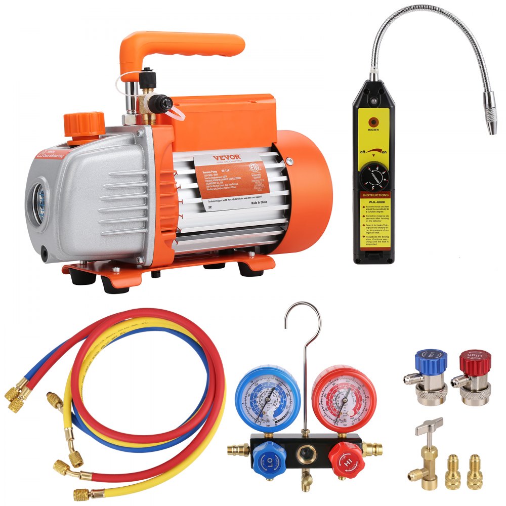 VEVOR 1/4 HP 4.5 CFM AC Bomba de vacío y juego de medidores, bomba de vacío de aire HVAC de paletas rotativas de una sola etapa A/C Kit de refrigerante Juego de medidores de colector, con bolsa de tra