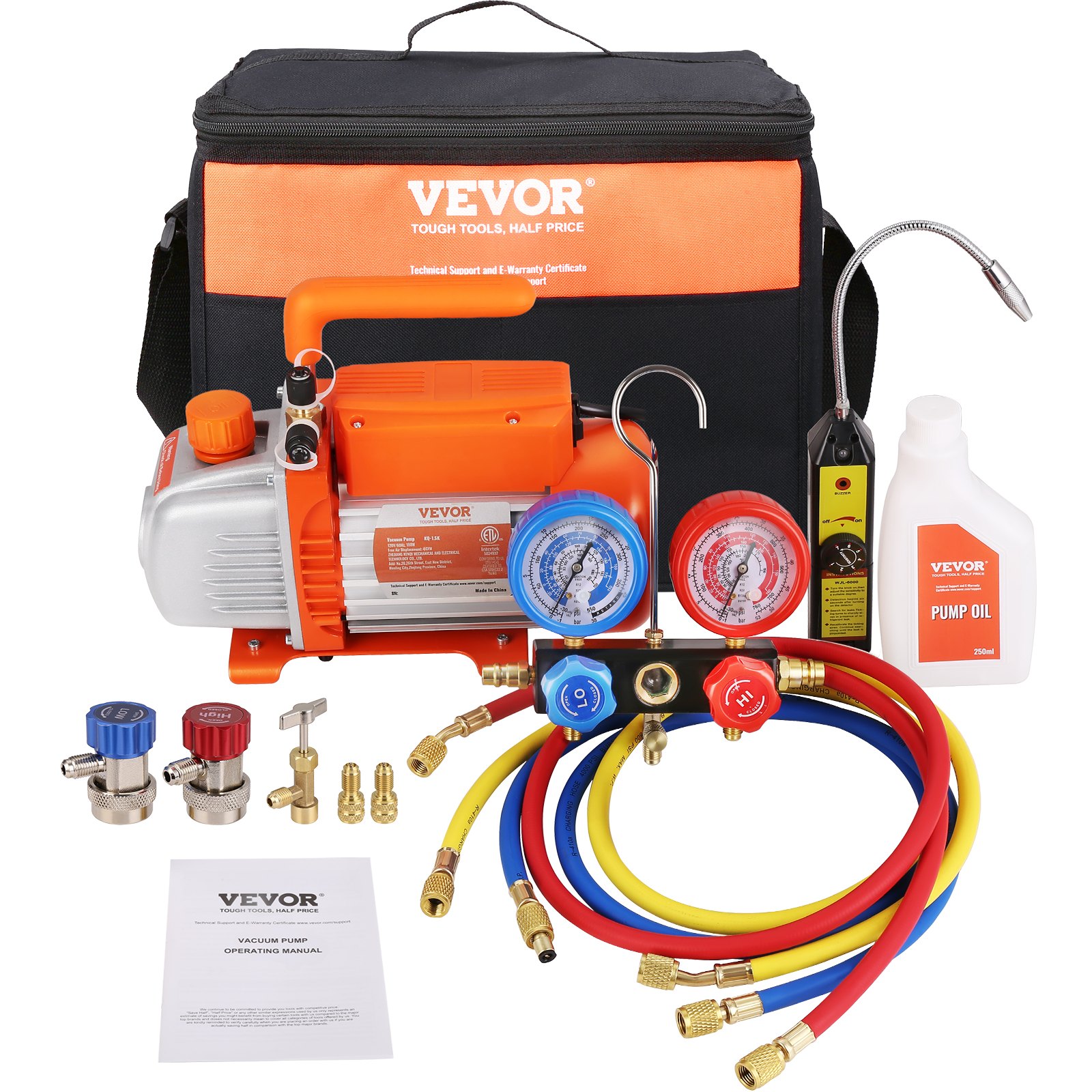 VEVOR 1/4 HP 4.5 CFM AC Bomba de vacío y juego de medidores, bomba de vacío de aire HVAC de paletas rotativas de una sola etapa A/C Kit de refrigerante Juego de medidores de colector, con bolsa de tra
