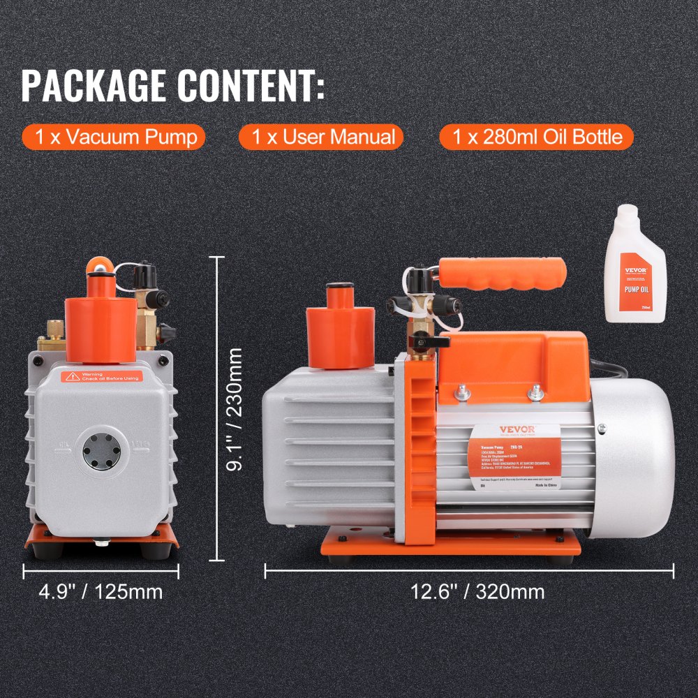 VEVOR Bomba de vacío de paletas rotativas de 2 etapas de 1/3 HP, 5 CFM, bomba de vacío de aire acondicionado de 120 V, 1/4" SAE macho 3/8" SAE macho 1/2" ACME entrada macho, para reparación de HVAC, m