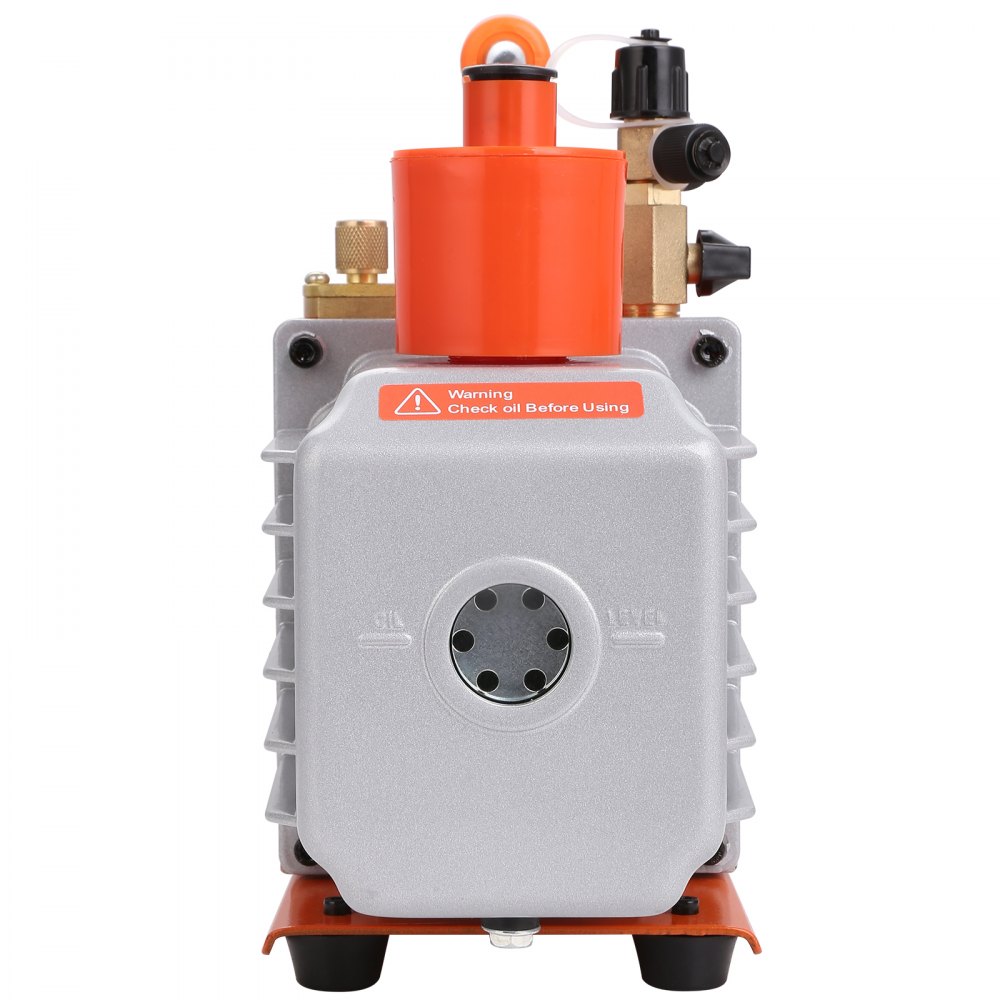 Vista frontal de la bomba de vacío HVAC VEVOR con parte superior naranja y etiqueta de advertencia, que muestra el indicador de nivel de aceite.