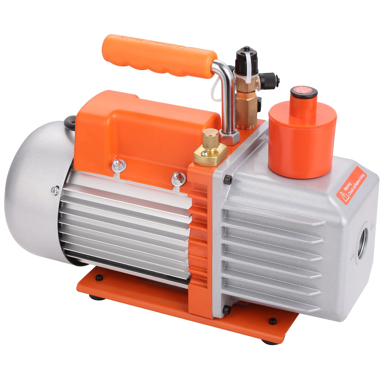 Bomba de vacío HVAC VEVOR con mango naranja y cuerpo de motor gris, con accesorios de latón.