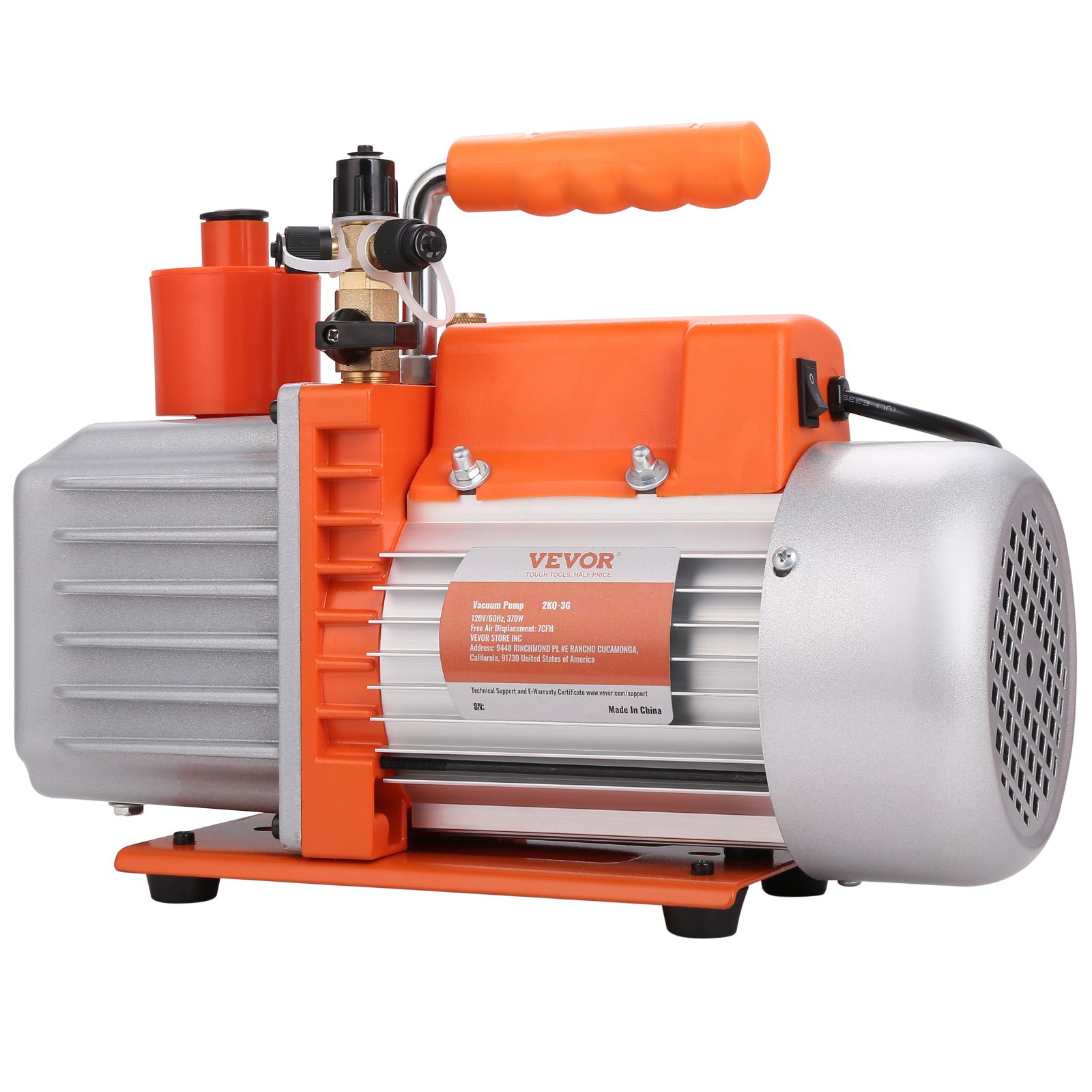 Bomba de vacío HVAC VEVOR con diseño naranja y plateado, con mango resistente y etiquetado detallado.
