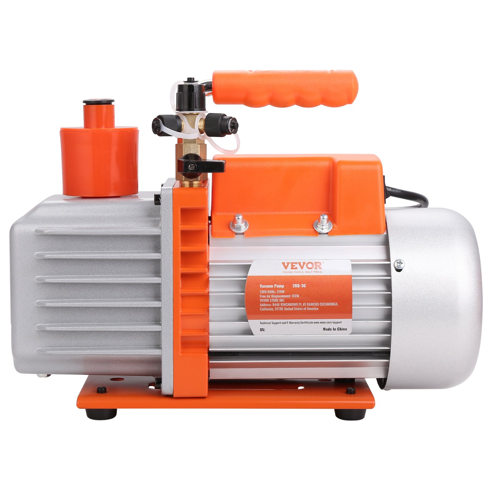 Bomba de vacío HVAC VEVOR con carcasa naranja, manija y válvula de control, colocada sobre una base plana.