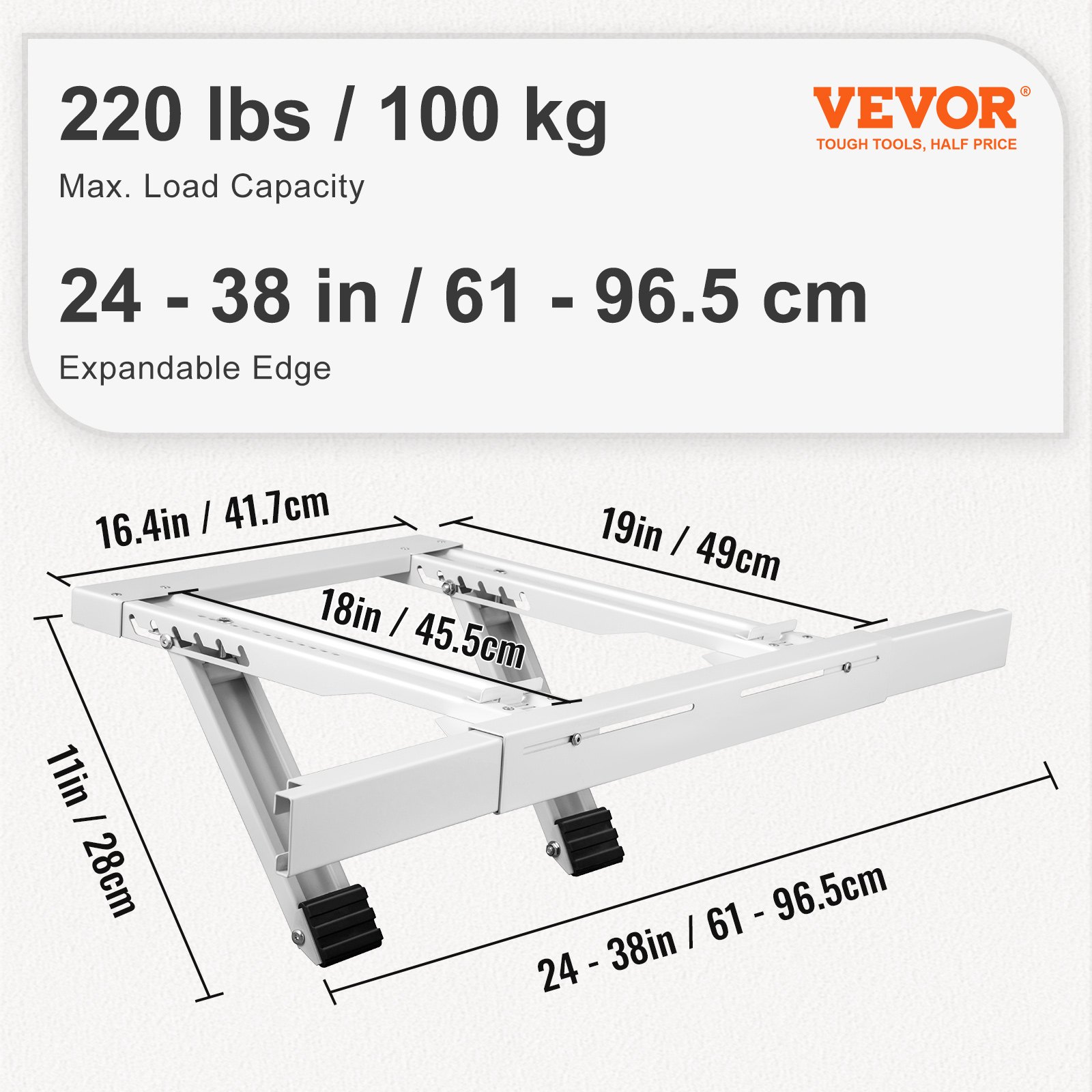 Soporte de aire acondicionado VEVOR, carga máxima 220 libras, expandible de 24 a 38 pulgadas.
