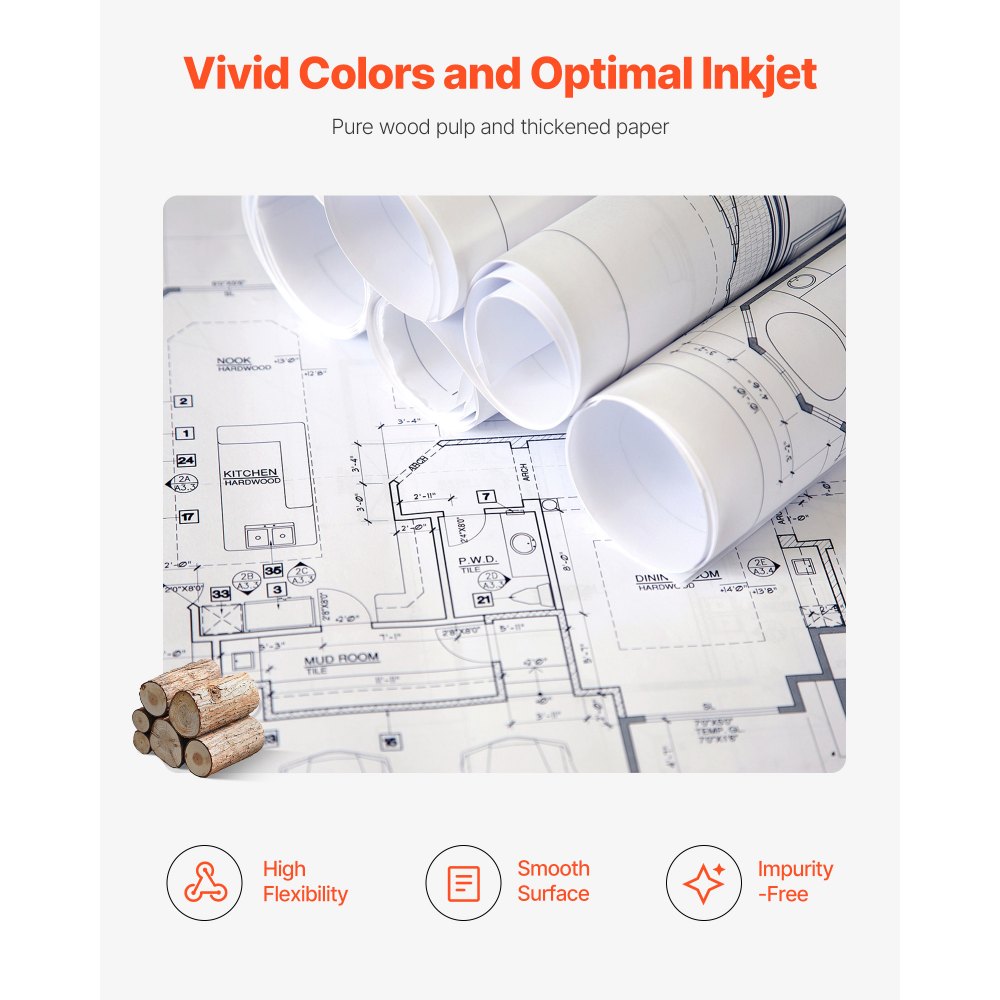 VEVOR Rollos de Papel de Formato Ancho, 609,6 mm Ancho y 45,7 m Largo, 8 Rollos, Ideal para Dibujos CAD, Planos Técnicos, Mapas GIS, Diseños Arquitectónicos y Papel para Plotter, Blanco Brillante