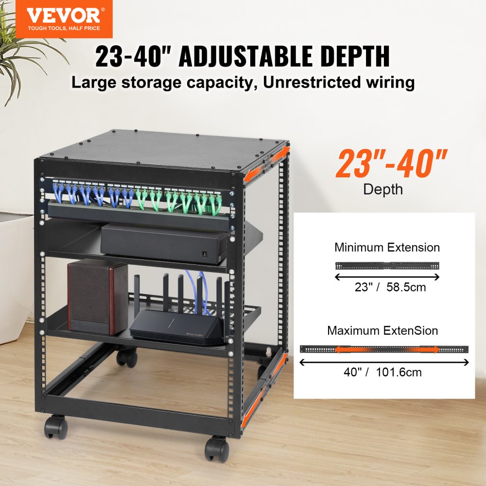 Rack de servidor VEVOR con profundidad ajustable de 23&quot; a 40&quot;, que exhibe cables, enrutador y componentes de almacenamiento.