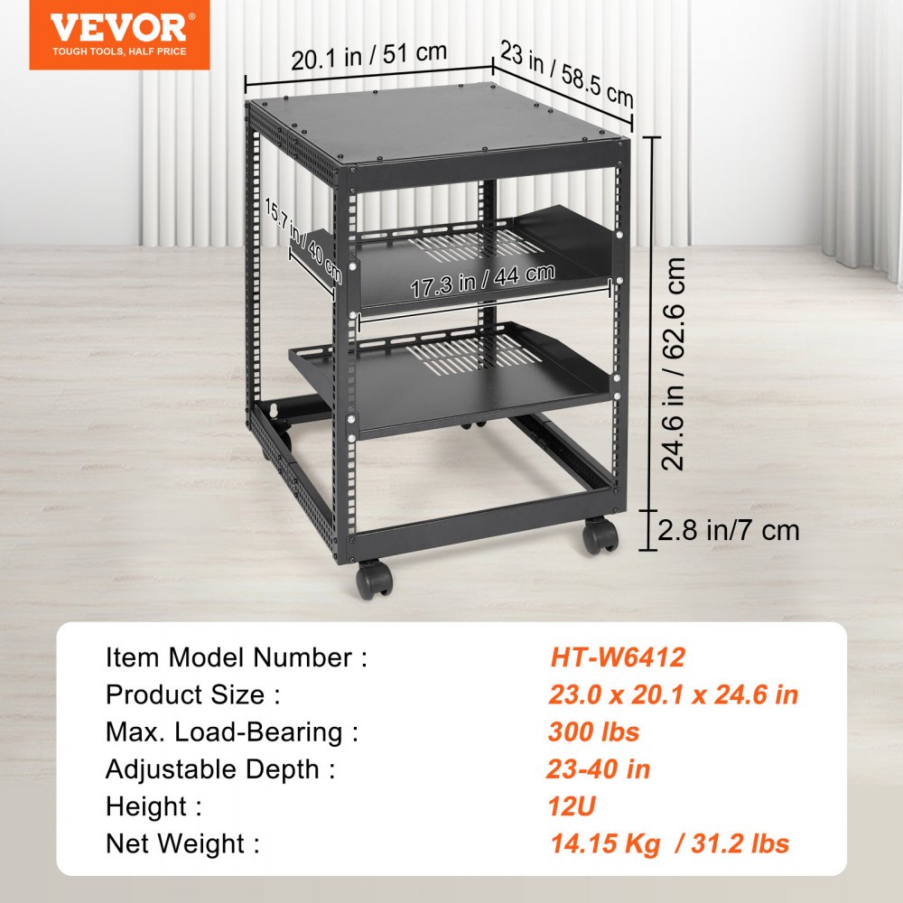 VEVOR 12U Rack de servidor de marco abierto, profundidad ajustable de 23 a 40 pulgadas, rack de servidor de red independiente o de montaje en pared, rack AV de 4 postes con ruedas, admite todos sus equipos de TI de red, equipo AV, enrutador, módem