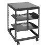 Rack de servidor VEVOR negro con ruedas, tres estantes ventilados y un diseño de marco abierto.