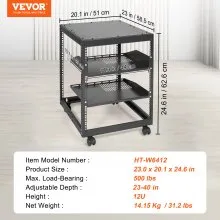 Rack de servidor de marco abierto VEVOR 12U, profundidad ajustable de 15''-40'', rack de servidor de red independiente o de montaje en pared, rack AV de 4 postes con ruedas, sostiene todo su equipo de red de TI AV Gear Router Modem