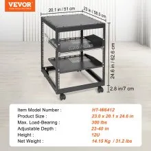 Rack de servidor de marco abierto VEVOR 12U, profundidad ajustable de 15''-40'', rack de servidor de red independiente o de montaje en pared, rack AV de 4 postes con ruedas, sostiene todo su equipo de red de TI AV Gear Router Modem