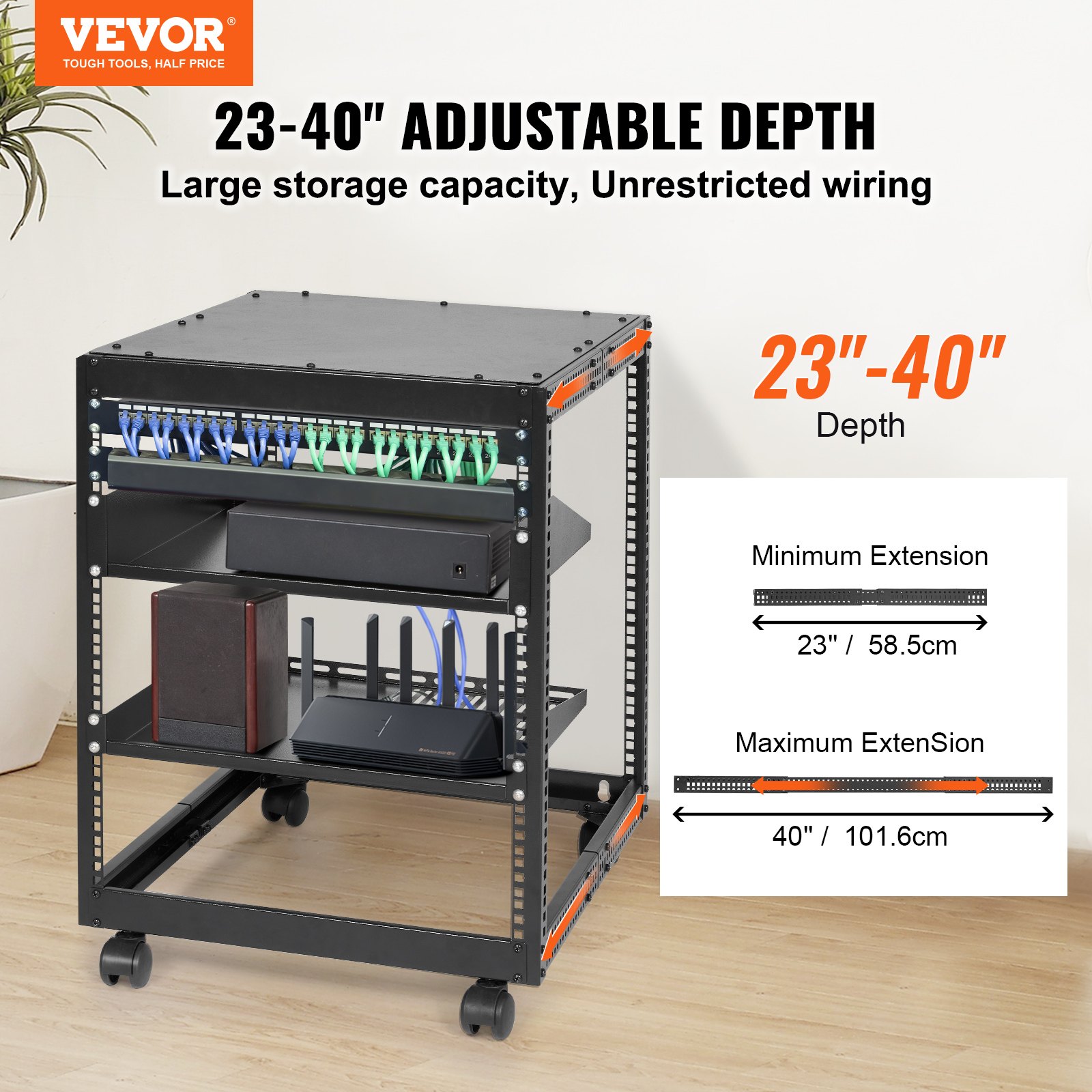 Rack de servidor VEVOR con profundidad ajustable de 23&quot; a 40&quot;, que exhibe cables, enrutador y componentes de almacenamiento.