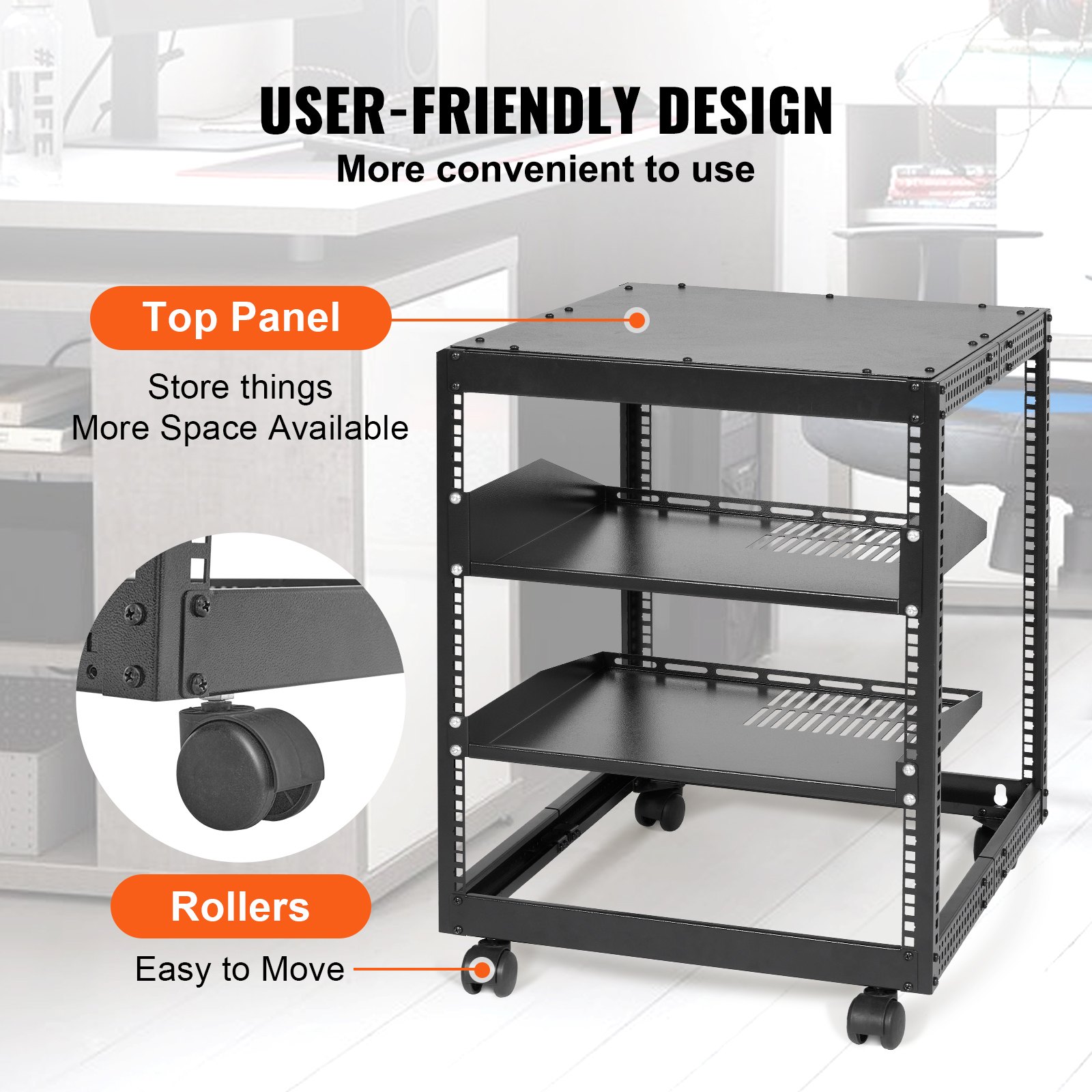 Rack de servidor VEVOR con panel superior para almacenamiento, diseño fácil de usar y rodillos fáciles de mover.