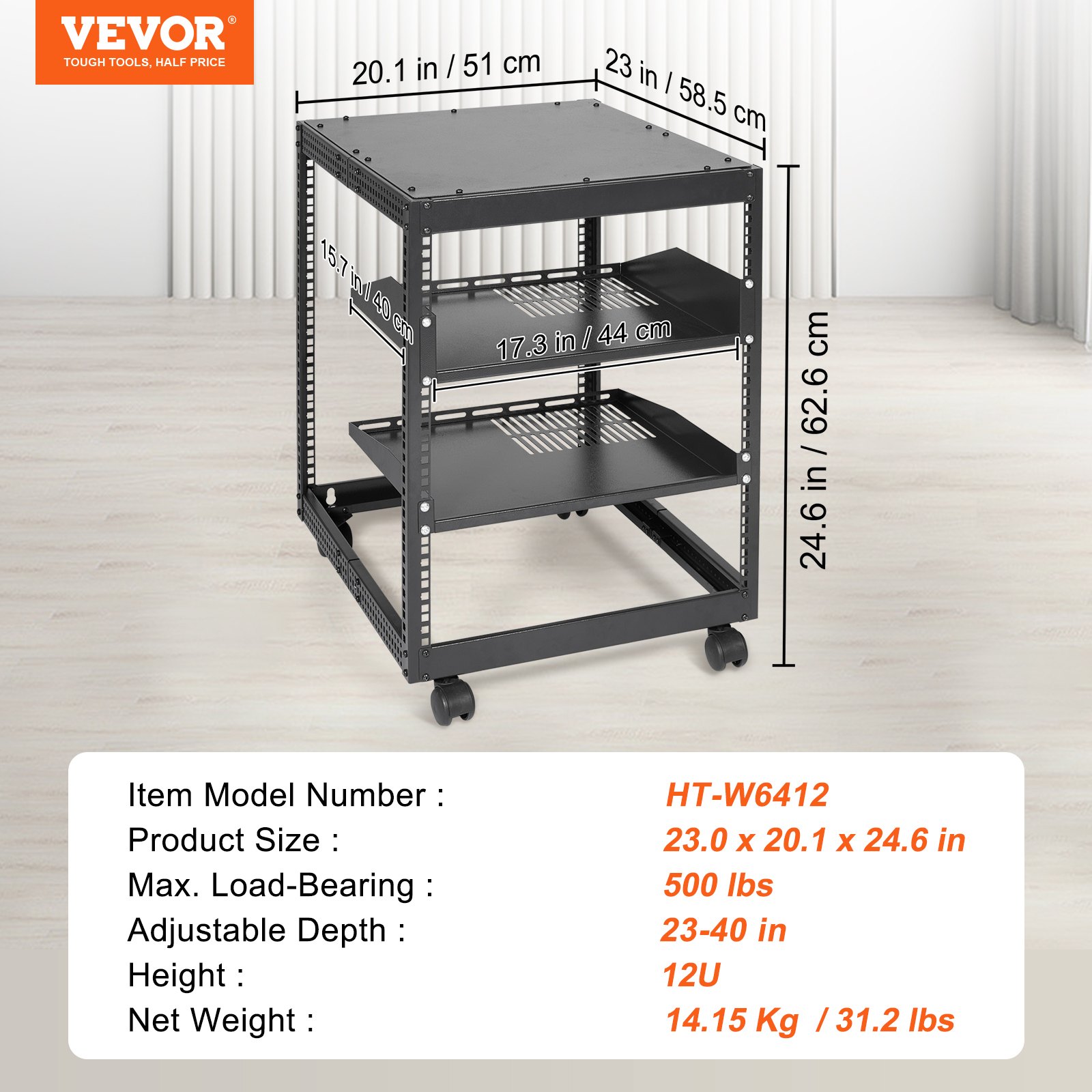 Dimensiones y especificaciones del rack de servidor VEVOR con altura de 12u, capacidad de carga de 500 lb y profundidad ajustable.