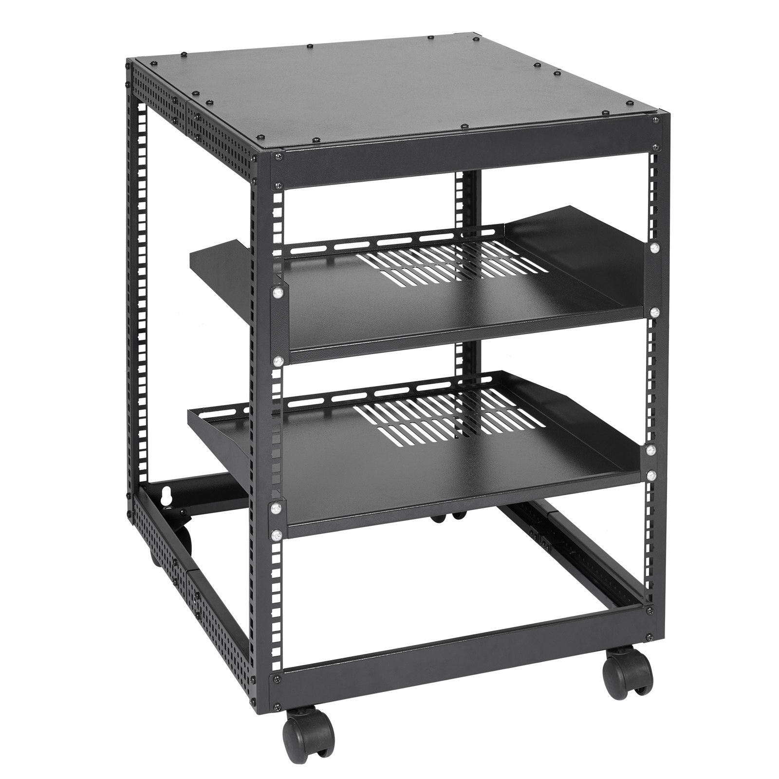 Rack de servidor VEVOR negro con ruedas, tres estantes ventilados y un diseño de marco abierto.