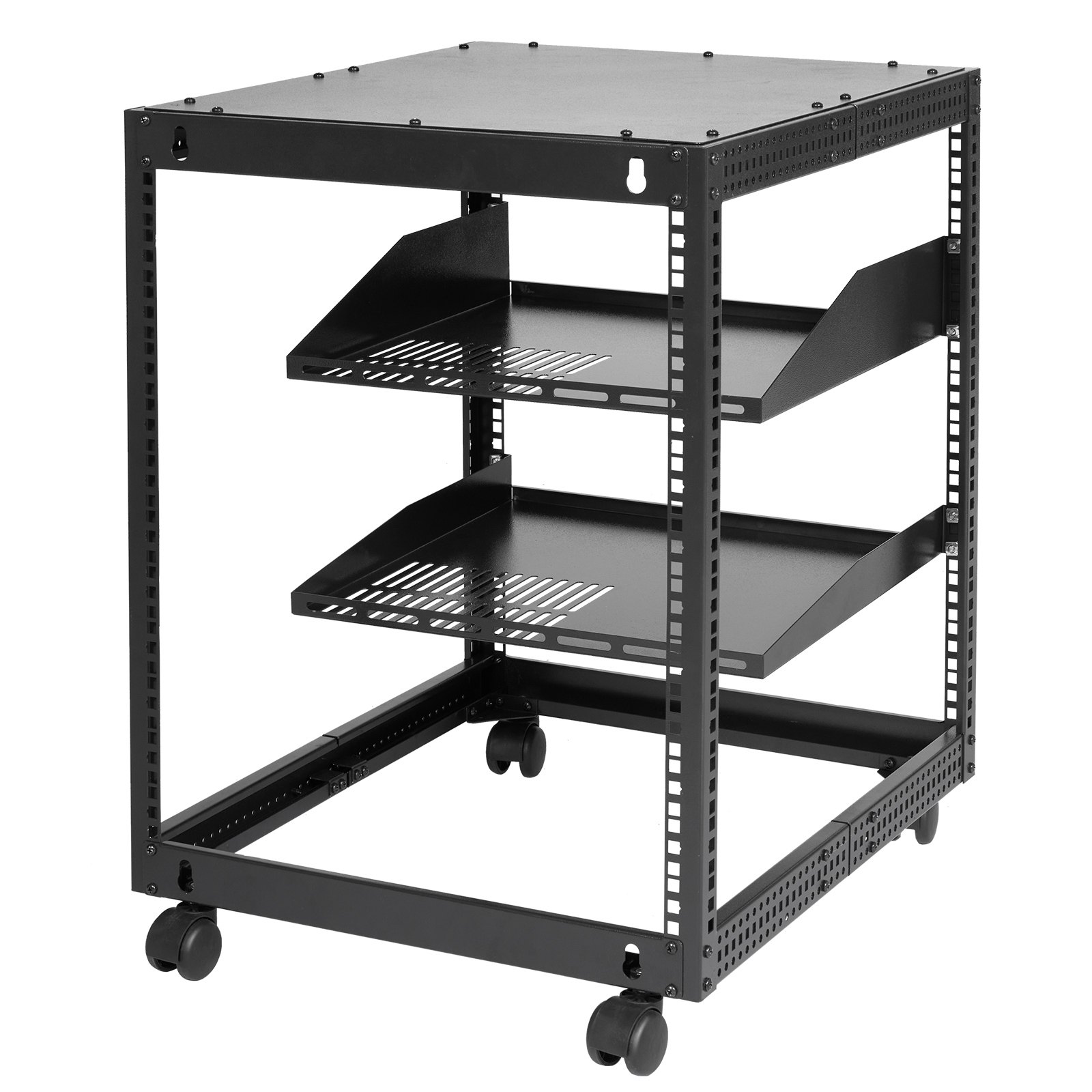 Rack para servidor VEVOR con tres estantes ventilados y ruedas para movilidad, ideal para el almacenamiento de equipos.