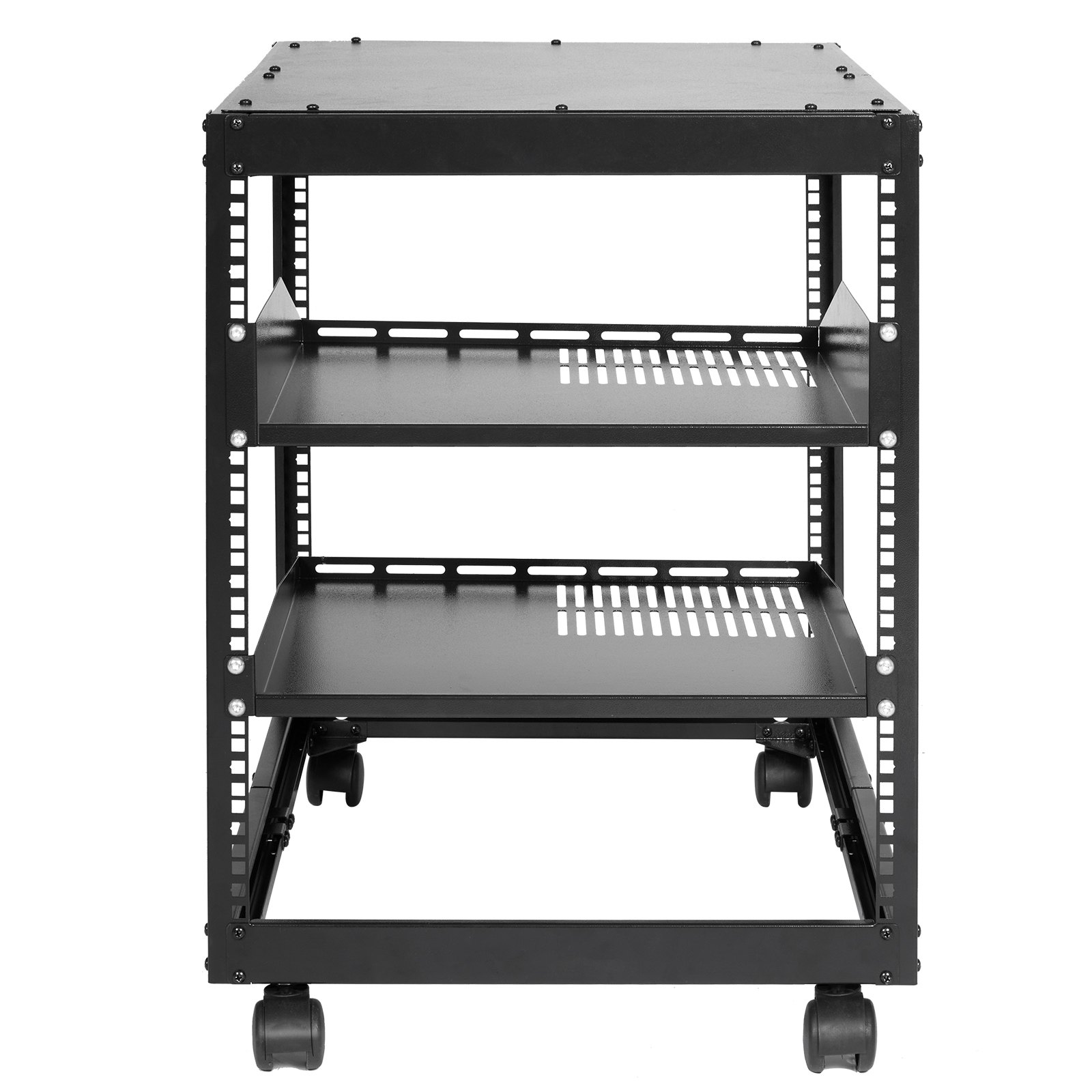 Rack de servidor VEVOR negro con ruedas y dos estantes ventilados para un flujo de aire optimizado y una fácil movilidad.