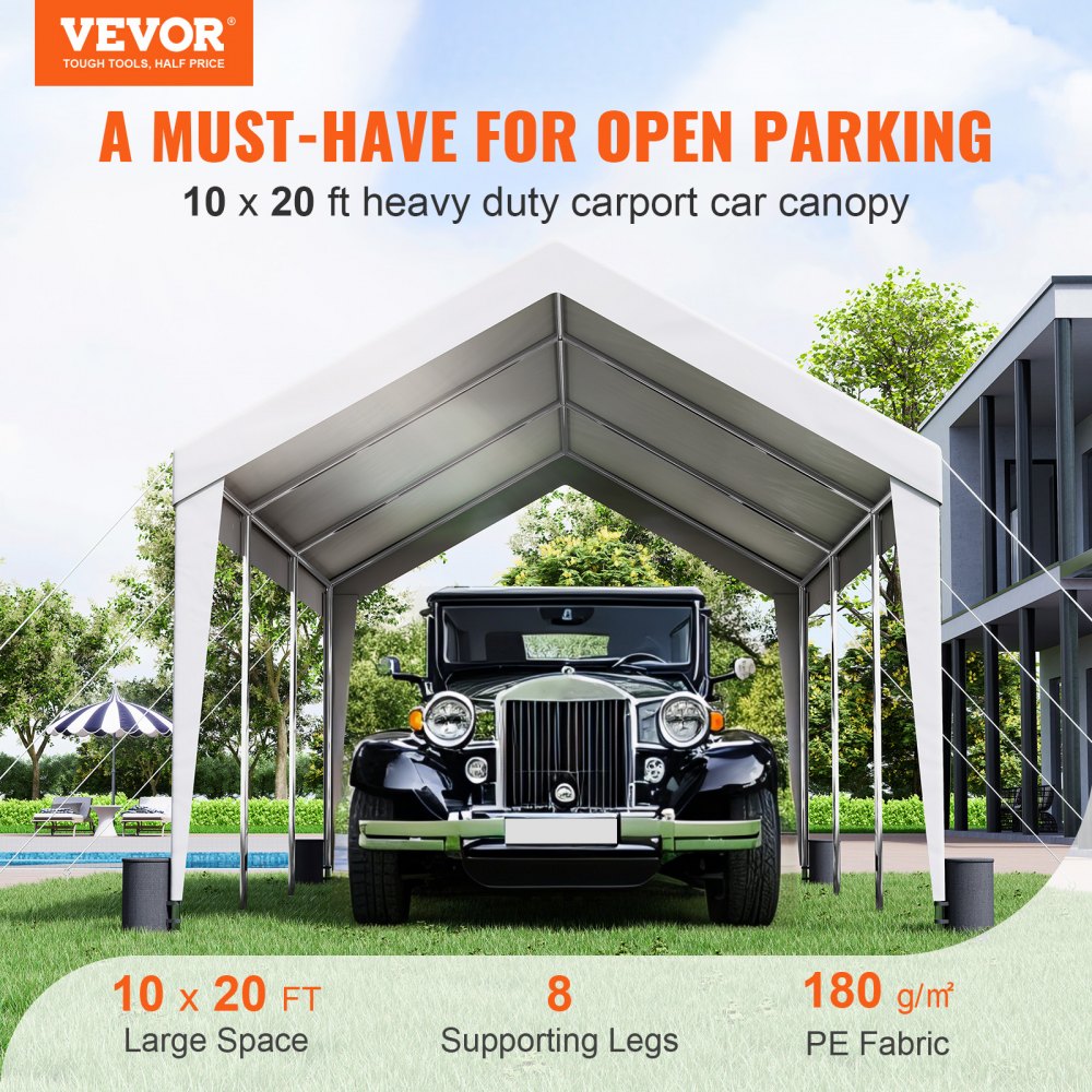 VEVOR Carport, toldo resistente de 3 x 6 m para coche, garaje, barco, fiesta, con 8 postes reforzados y 4 bolsas de peso, lona impermeable y resistente a los rayos UV para todo tipo de clima, ideal para SUV, F150, coche, camión y barco.