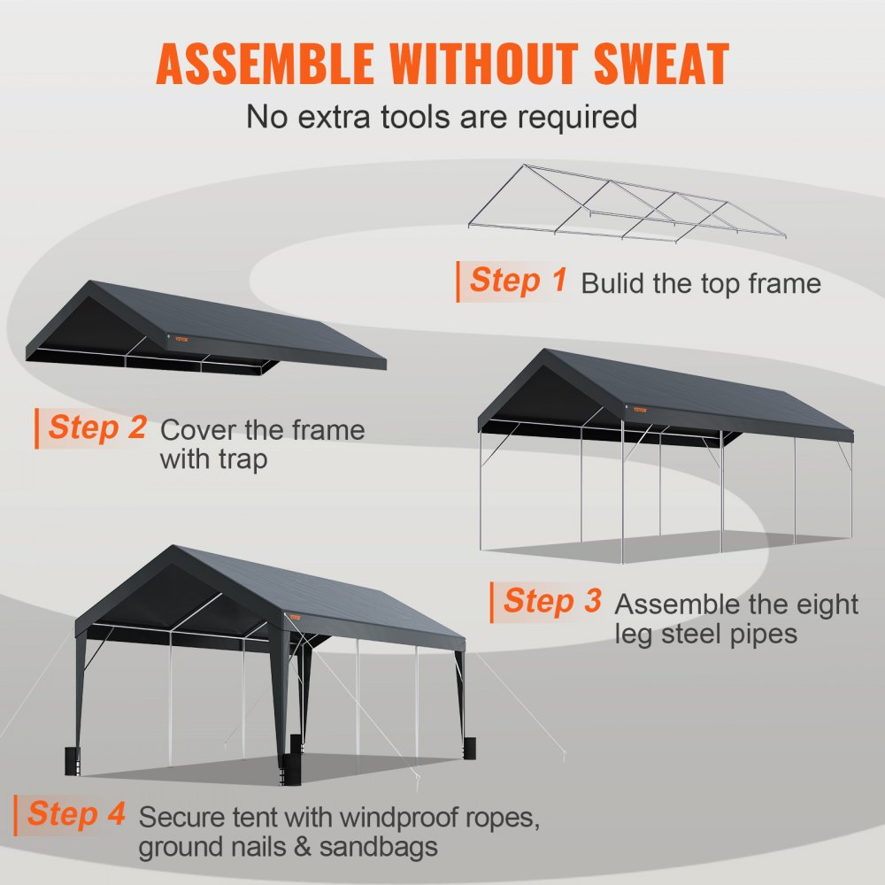 VEVOR Carport, Toldo para Coche Resistente de 10 x 20 pies, Refugio para Garaje al Aire Libre con 8 Postes Reforzados y 4 Bolsas con Peso, Carpa para Garaje Instantánea Impermeable Resistente a los Rayos UV para Fiesta, Jardín, Barco, Gris Oscuro