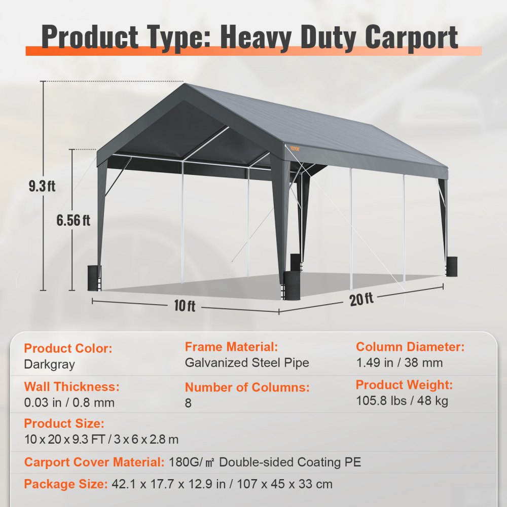 VEVOR Carport, Toldo para Coche Resistente de 10 x 20 pies, Refugio para Garaje al Aire Libre con 8 Postes Reforzados y 4 Bolsas con Peso, Carpa para Garaje Instantánea Impermeable Resistente a los Rayos UV para Fiesta, Jardín, Barco, Gris Oscuro