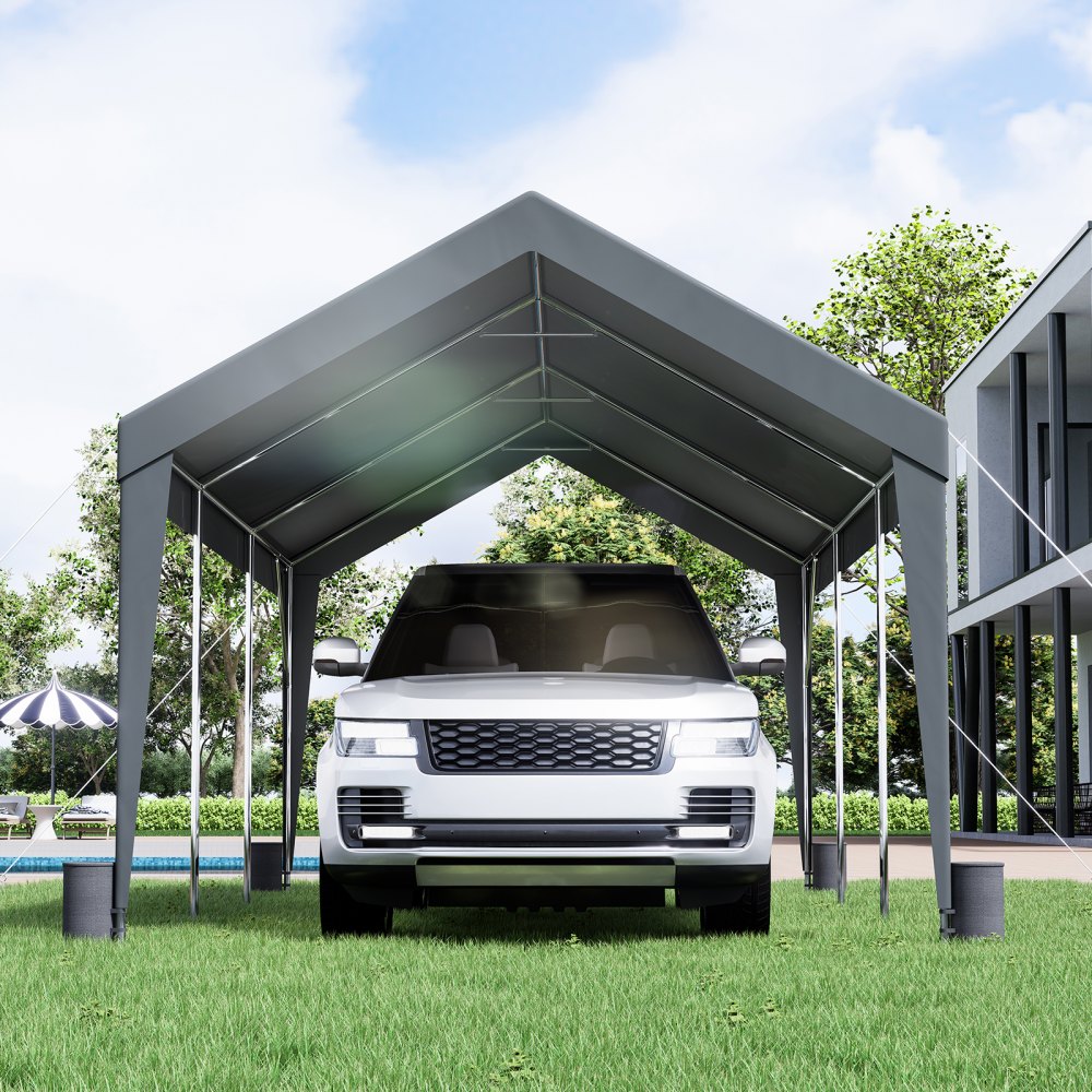 VEVOR Carport, Toldo para Coche Resistente de 10 x 20 pies, Refugio para Garaje al Aire Libre con 8 Postes Reforzados y 4 Bolsas con Peso, Carpa para Garaje Instantánea Impermeable Resistente a los Rayos UV para Fiesta, Jardín, Barco, Gris Oscuro