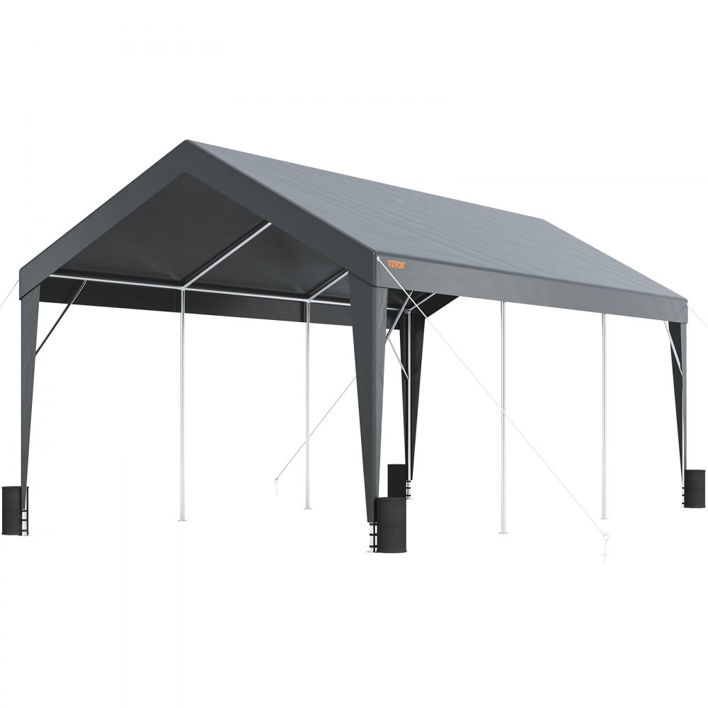 VEVOR Carport, Toldo para Coche Resistente de 10 x 20 pies, Refugio para Garaje al Aire Libre con 8 Postes Reforzados y 4 Bolsas con Peso, Carpa para Garaje Instantánea Impermeable Resistente a los Rayos UV para Fiesta, Jardín, Barco, Gris Oscuro