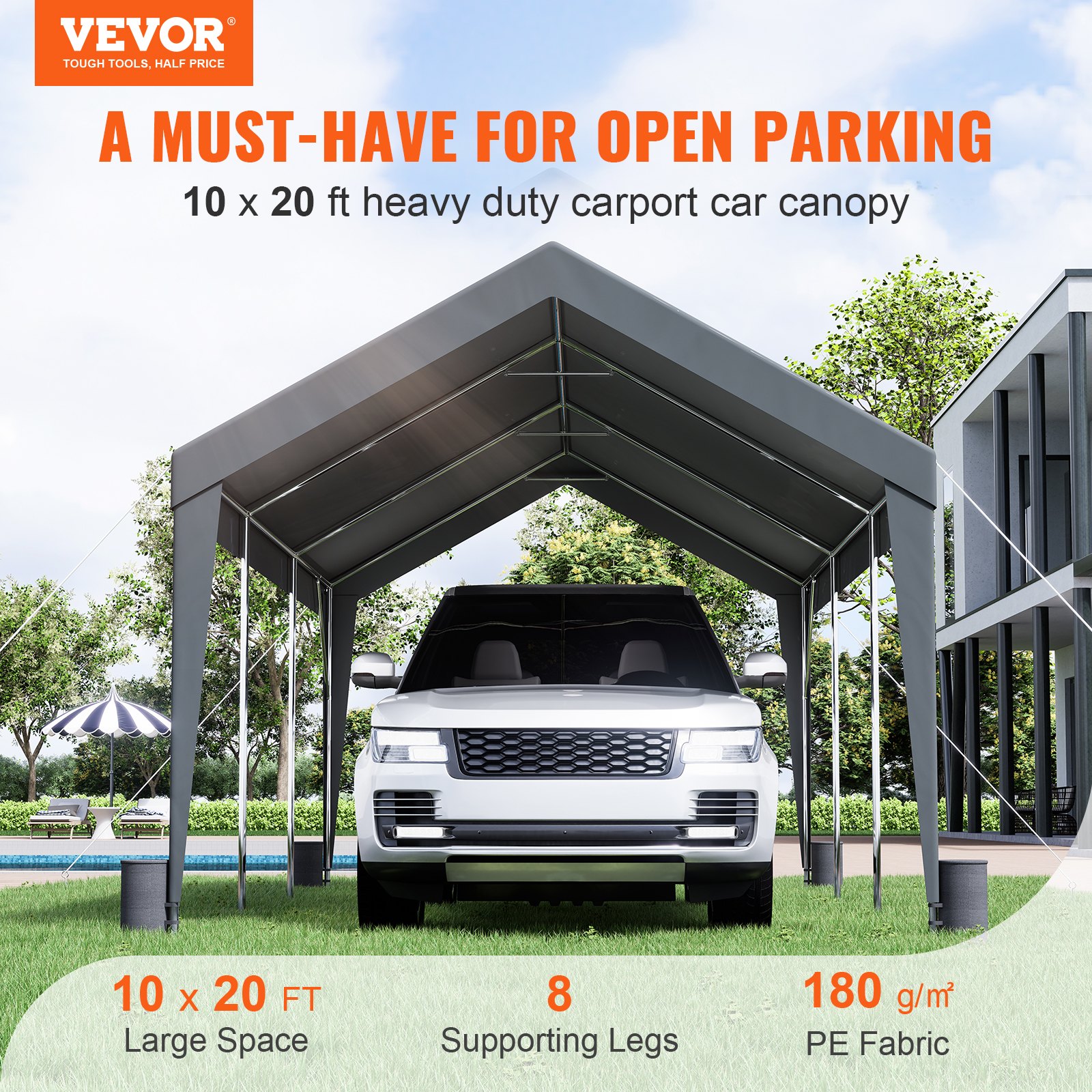 VEVOR Carport, Toldo para Coche Resistente de 10 x 20 pies, Refugio para Garaje al Aire Libre con 8 Postes Reforzados y 4 Bolsas con Peso, Carpa para Garaje Instantánea Impermeable Resistente a los Rayos UV para Fiesta, Jardín, Barco, Gris Oscuro