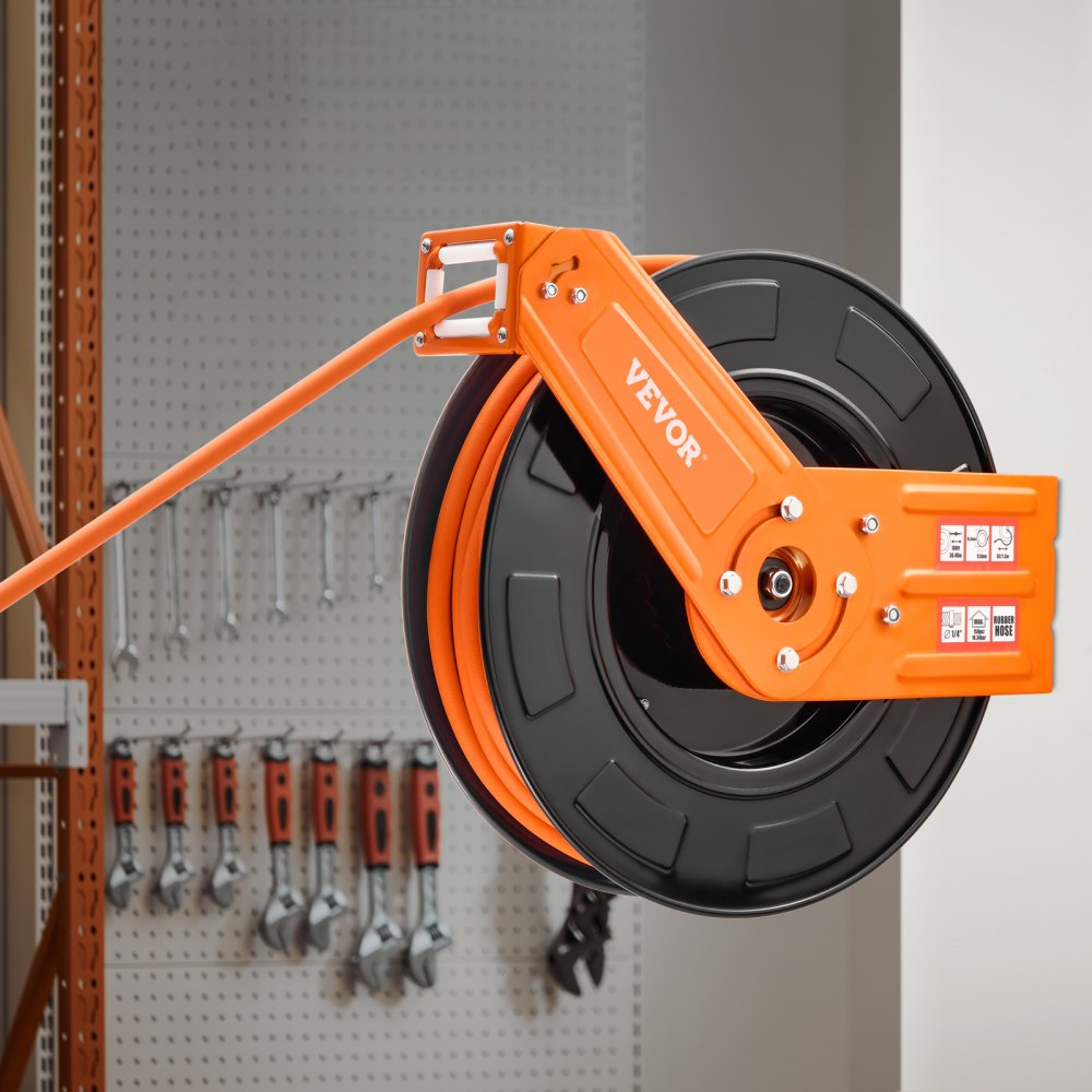 VEVOR Carrete de Manguera de Aire Retráctil 3/8" x 100 pies, 300 PSI Máx., Goma, Rebobinado Automático, NPT 1/4", Carrete de Acero de un Brazo, Montaje en Pared, Techo o Piso, -4 °F a 113 °F