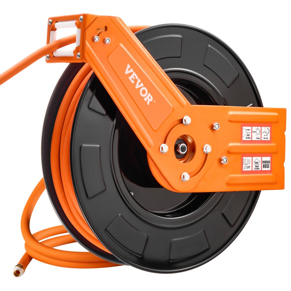 VEVOR Carrete de Manguera de Aire Retráctil 3/8" x 100 pies, 300 PSI Máx., Goma, Rebobinado Automático, NPT 1/4", Carrete de Acero de un Brazo, Montaje en Pared, Techo o Piso, -4 °F a 113 °F