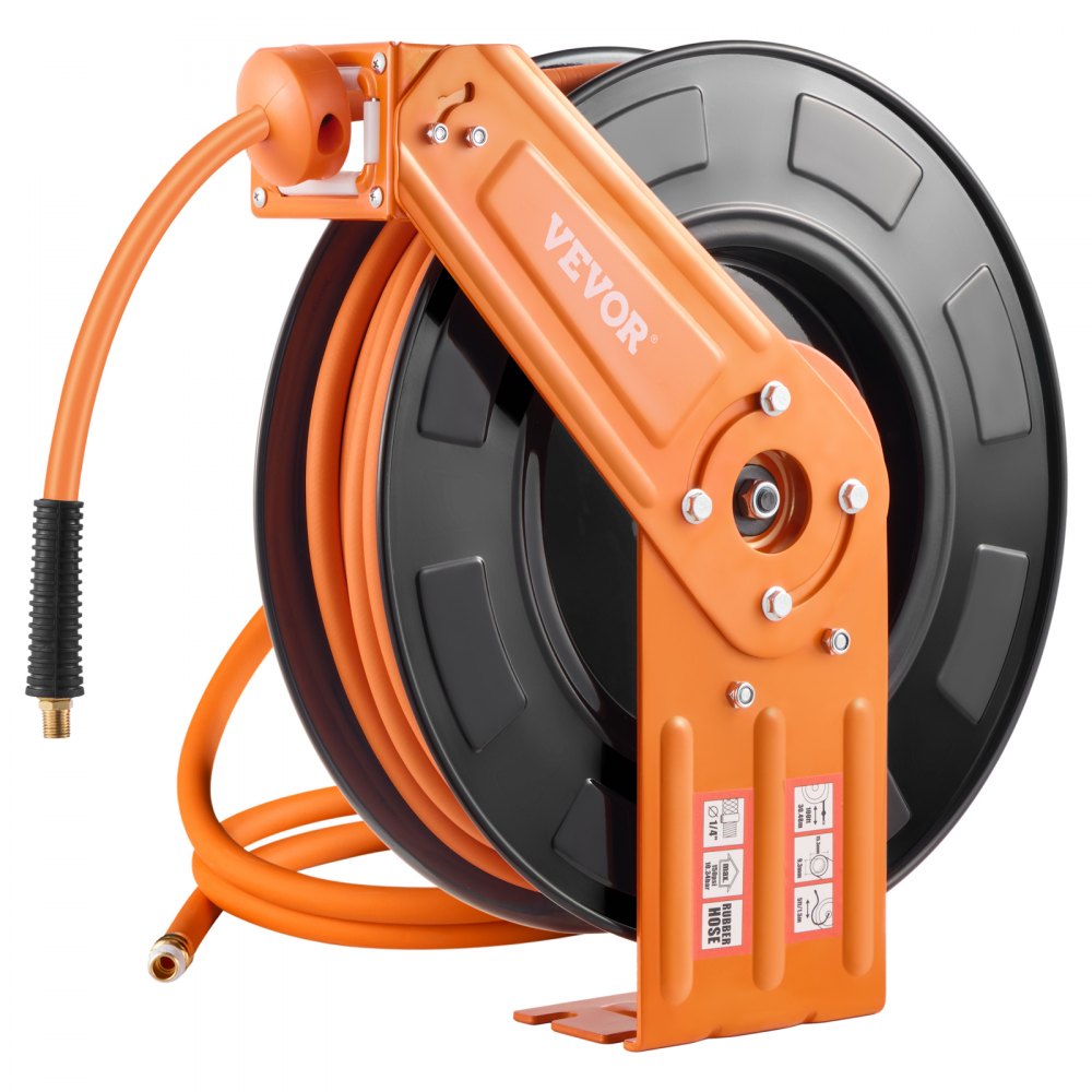 VEVOR Carrete de Manguera de Aire Retráctil 3/8" x 100 pies, 300 PSI Máx., Goma, Rebobinado Automático, NPT 1/4", Carrete de Acero de un Brazo, Montaje en Pared, Techo o Piso, -4 °F a 113 °F