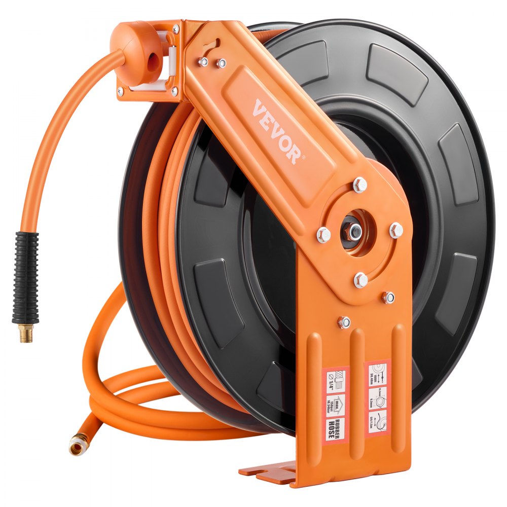 VEVOR Carrete de Manguera de Aire Retráctil 3/8" x 100 pies, 300 PSI Máx., Goma, Rebobinado Automático, NPT 1/4", Carrete de Acero de un Brazo, Montaje en Pared, Techo o Piso, -4 °F a 113 °F