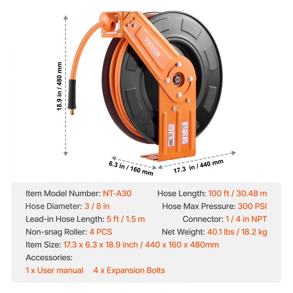 VEVOR Carrete de Manguera de Aire Retráctil 3/8" x 100 pies, 300 PSI Máx., Goma, Rebobinado Automático, NPT 1/4", Carrete de Acero de un Brazo, Montaje en Pared, Techo o Piso, -4 °F a 113 °F