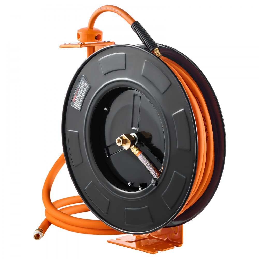 VEVOR Carrete de Manguera de Aire Retráctil 3/8" x 100 pies, 300 PSI Máx., Goma, Rebobinado Automático, NPT 1/4", Carrete de Acero de un Brazo, Montaje en Pared, Techo o Piso, -4 °F a 113 °F