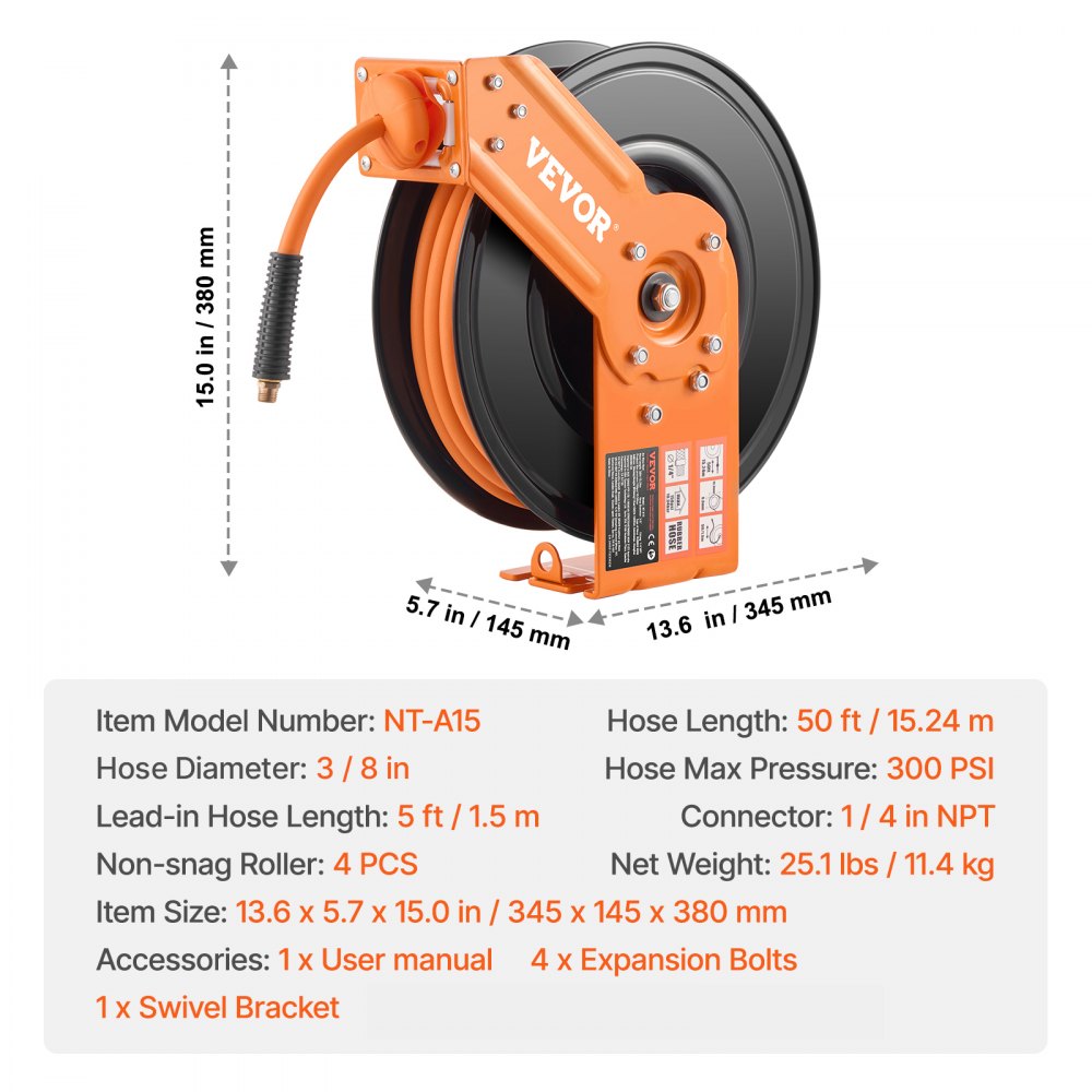 Carrete de manguera de aire retráctil VEVOR, manguera de aire de goma de 3/8 pulg. x 50 pies, presión máxima de 300 PSI, carrete de manguera para compresor de aire con rebobinado automático y entrada de 5 pies, carrete de brazo único de alta resistencia para montaje en techo/pared y soporte giratorio de 180°.