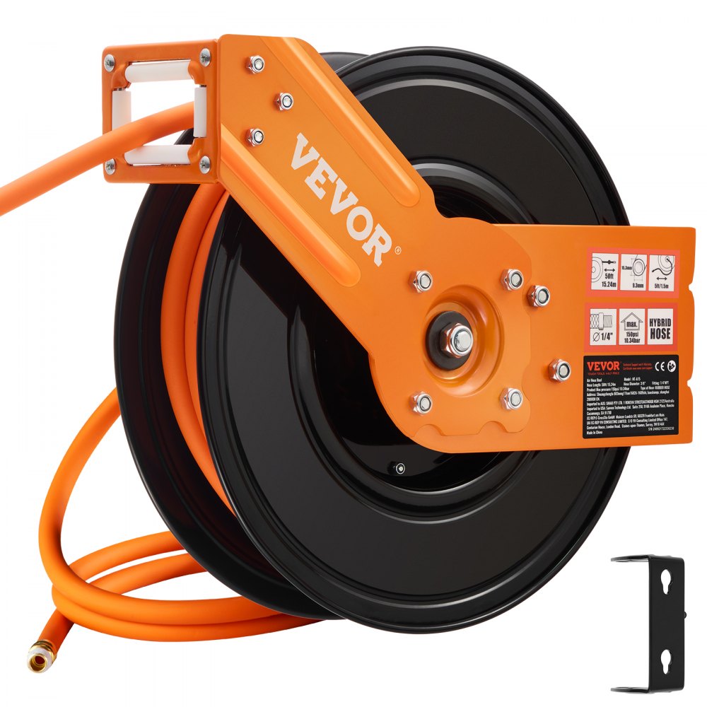 Carrete de manguera de aire retráctil VEVOR, manguera de aire de goma de 3/8 pulg. x 50 pies, presión máxima de 300 PSI, carrete de manguera para compresor de aire con rebobinado automático y entrada de 5 pies, carrete de brazo único de alta resistencia para montaje en techo/pared y soporte giratorio de 180°.