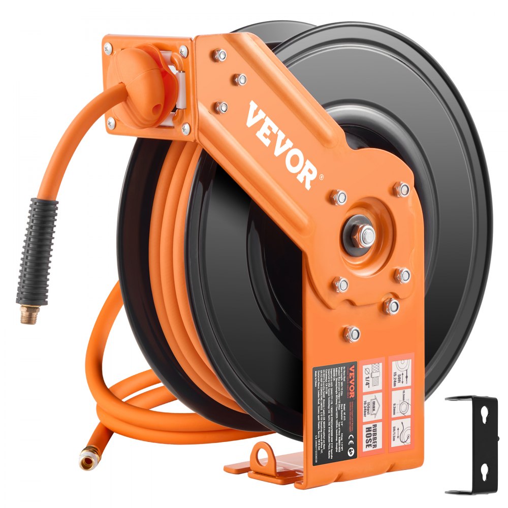 Carrete de manguera de aire retráctil VEVOR, manguera de aire de goma de 3/8 pulg. x 50 pies, presión máxima de 300 PSI, carrete de manguera para compresor de aire con rebobinado automático y entrada de 5 pies, carrete de brazo único de alta resistencia para montaje en techo/pared y soporte giratorio de 180°.