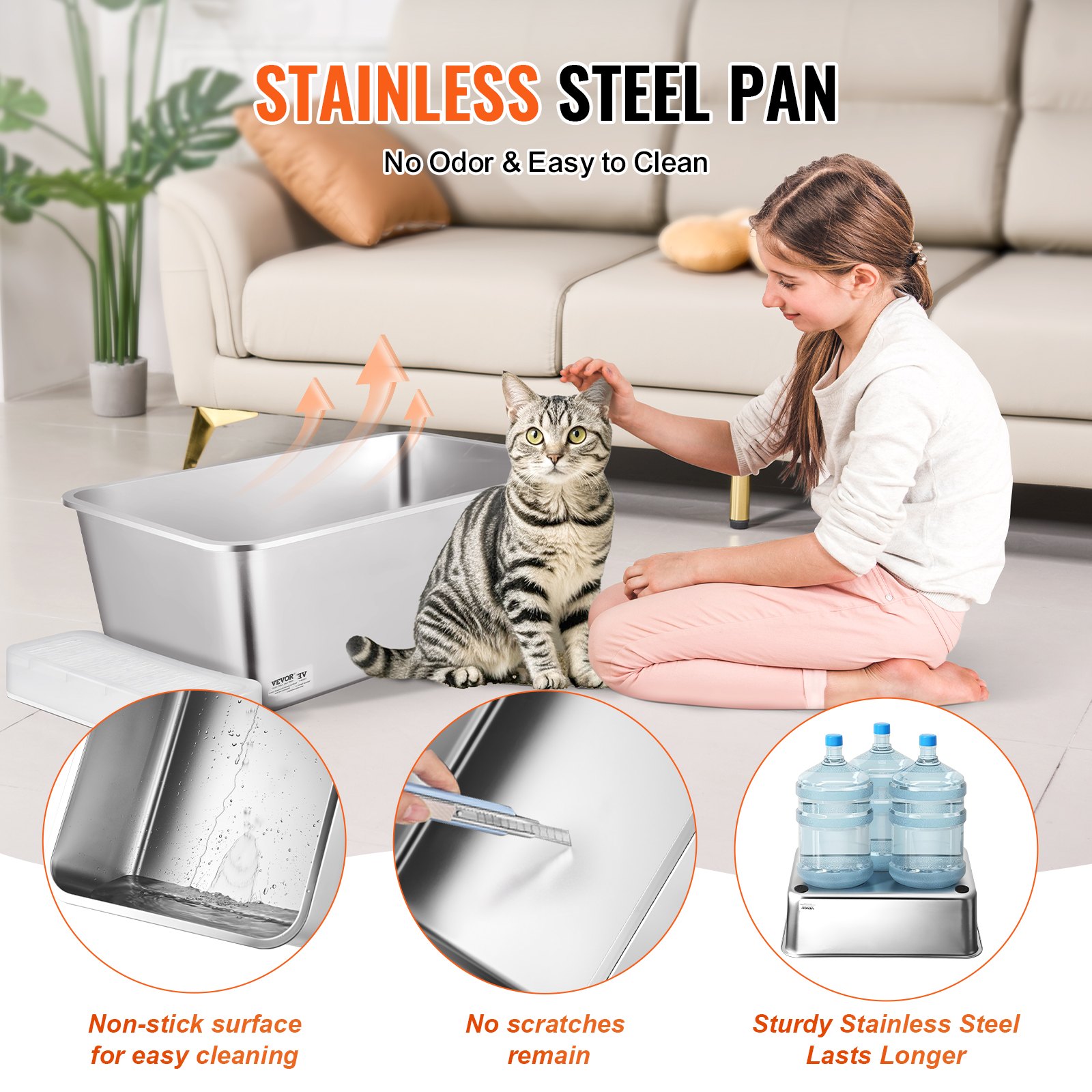 VEVOR - Caja de arena para gatos de 20 cm de profundidad, extragrande, de acero inoxidable, con pala, plataforma filtrante ancha y laterales altos, cerrada, sin olores, fácil de limpiar, apta para gatos grandes.