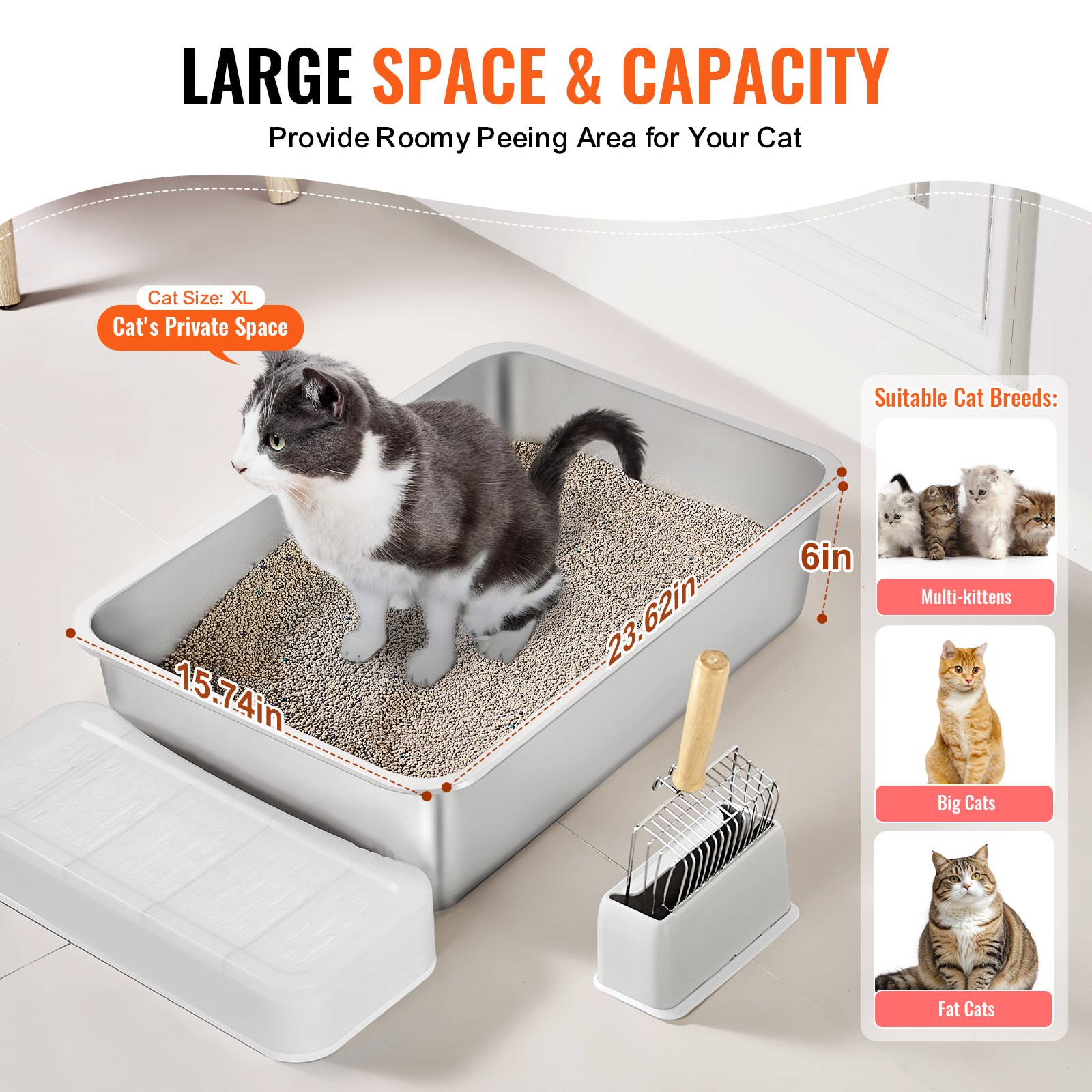 VEVOR - Caja de arena para gatos de acero inoxidable extragrande de 15 cm de profundidad con pala, plataforma filtrante ancha y laterales altos, cerrada, sin olores y fácil de limpiar, apta para gatos grandes.