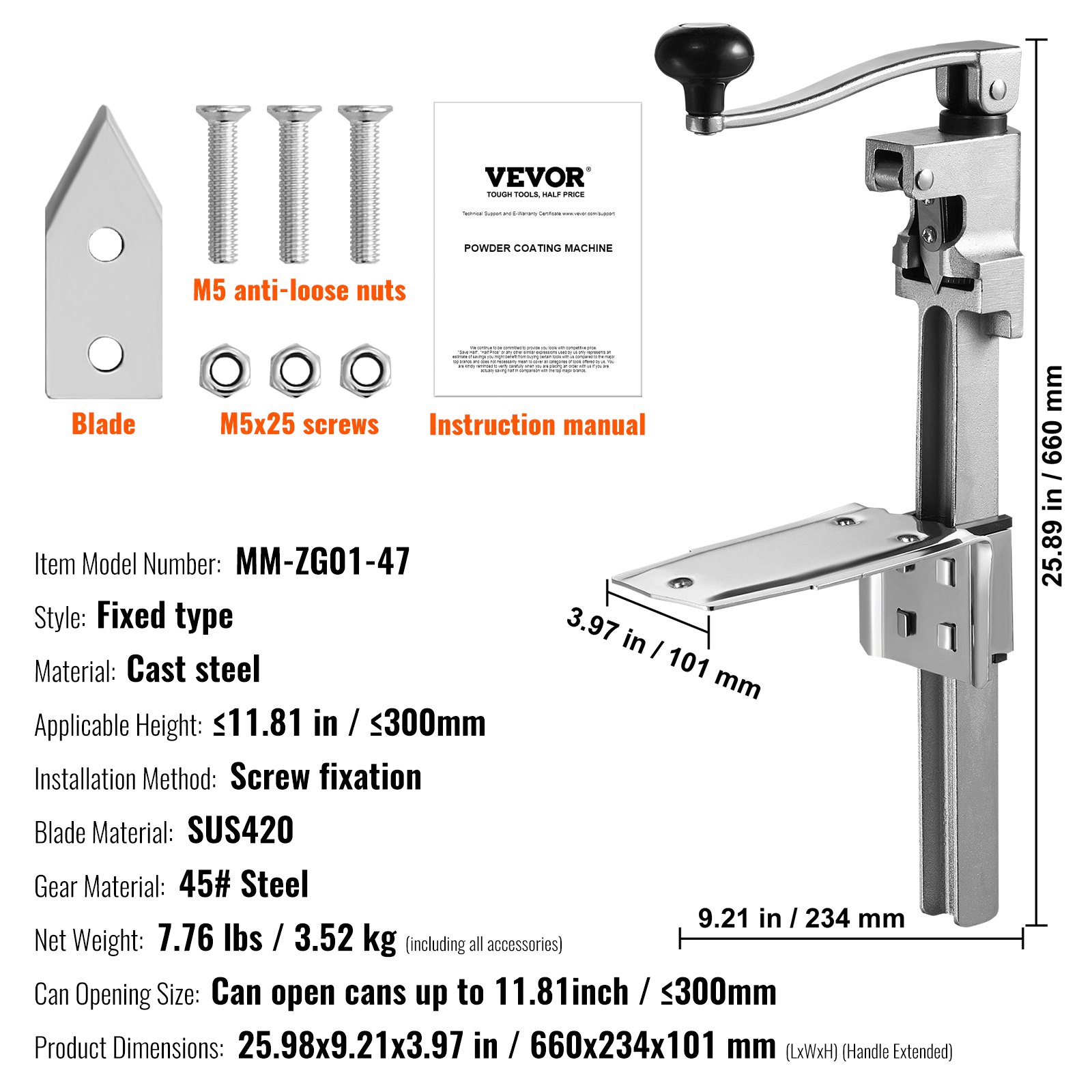 Abrelatas manual VEVOR con cuchilla, tornillos, tuercas, manual de instrucciones y dimensiones en pulgadas y mm.