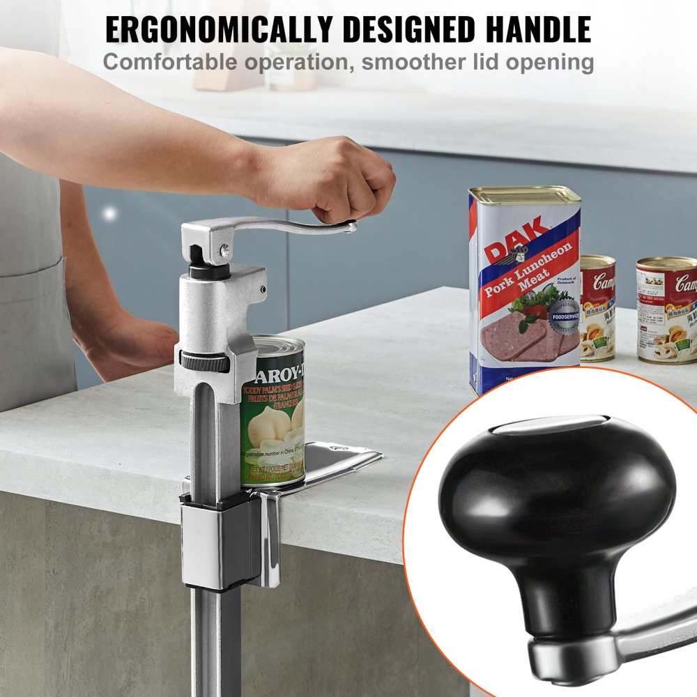Persona que utiliza un abrelatas comercial VEVOR con mango ergonómico; comida enlatada en la encimera.