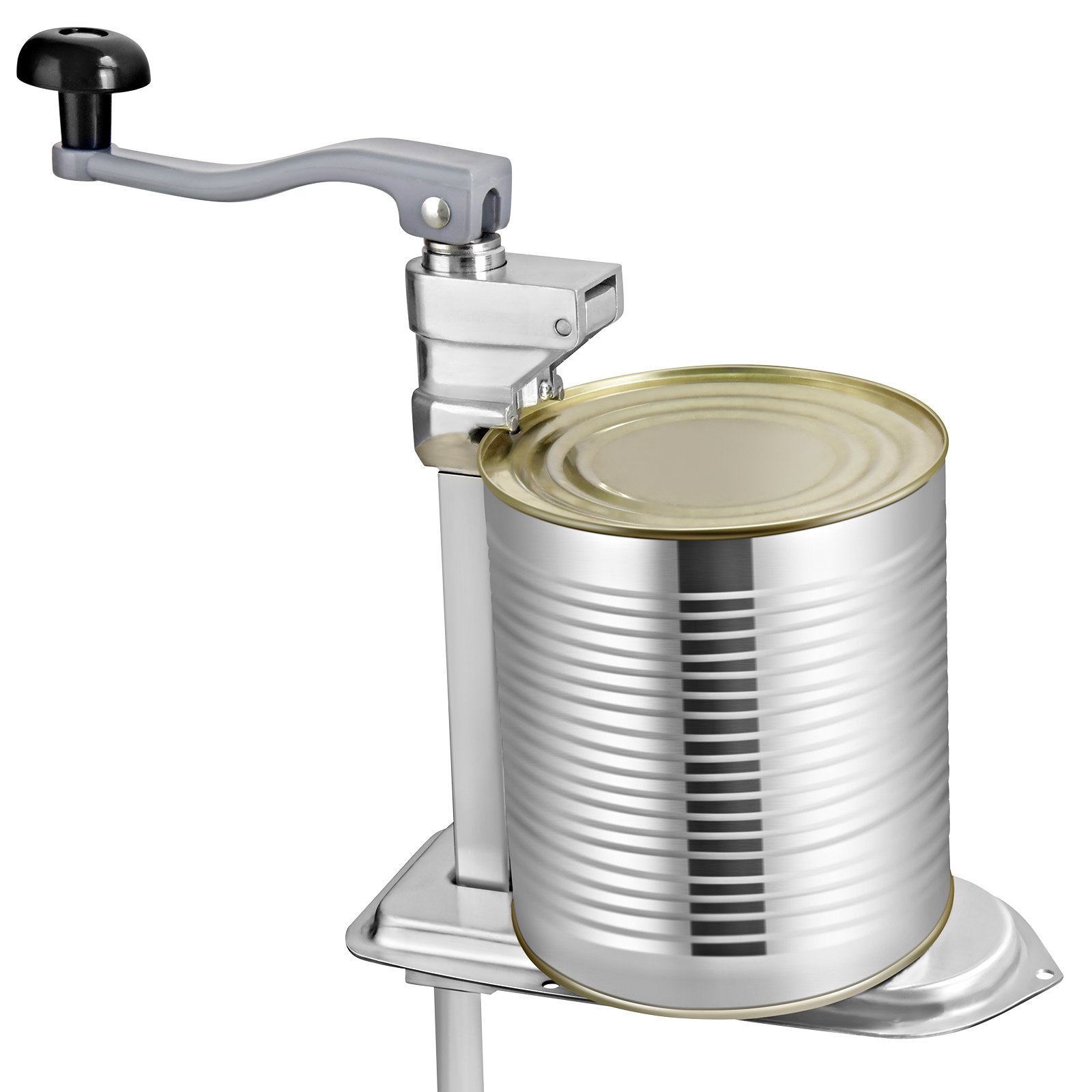 Abrelatas comercial VEVOR con mango montado y lata grande de metal en su lugar.