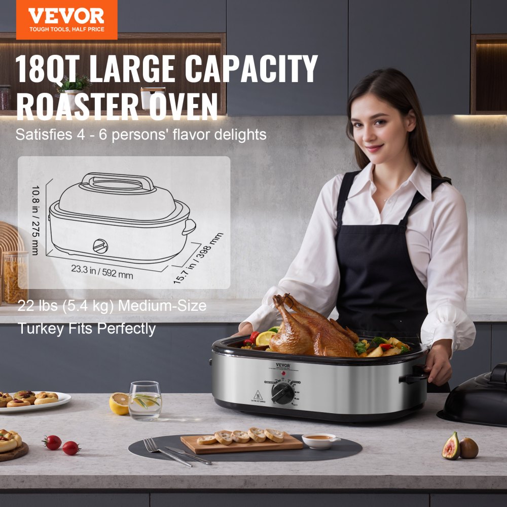Horno asador eléctrico VEVOR de 18 cuartos de galón con tapa autoadhesiva, 1450 W, descongelación y calentamiento, temperatura ajustable, bandeja y rejilla extraíbles, apto para pavos de hasta 22 lb