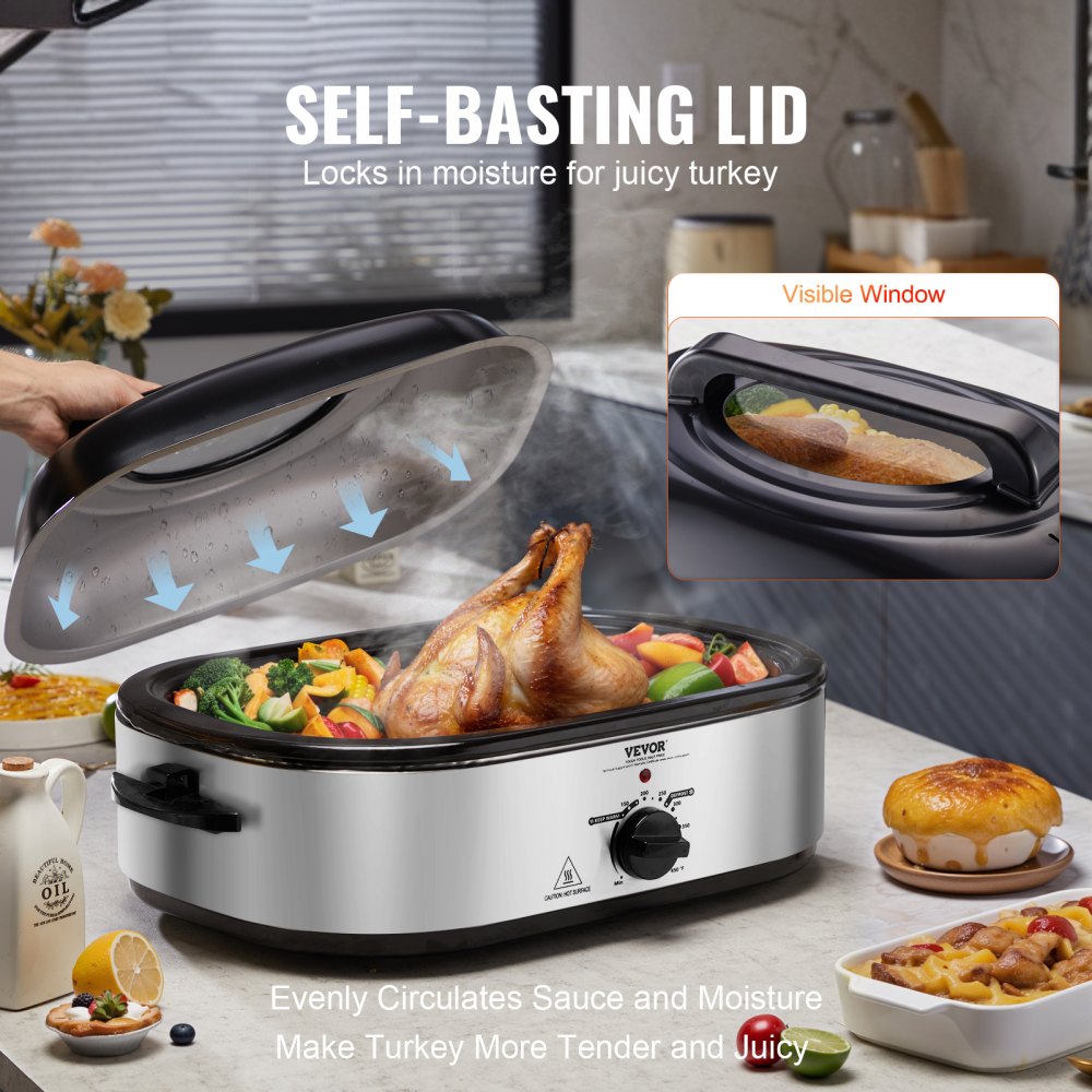 Horno asador eléctrico VEVOR de 18 cuartos de galón con tapa autoadhesiva, 1450 W, descongelación y calentamiento, temperatura ajustable, bandeja y rejilla extraíbles, apto para pavos de hasta 22 lb